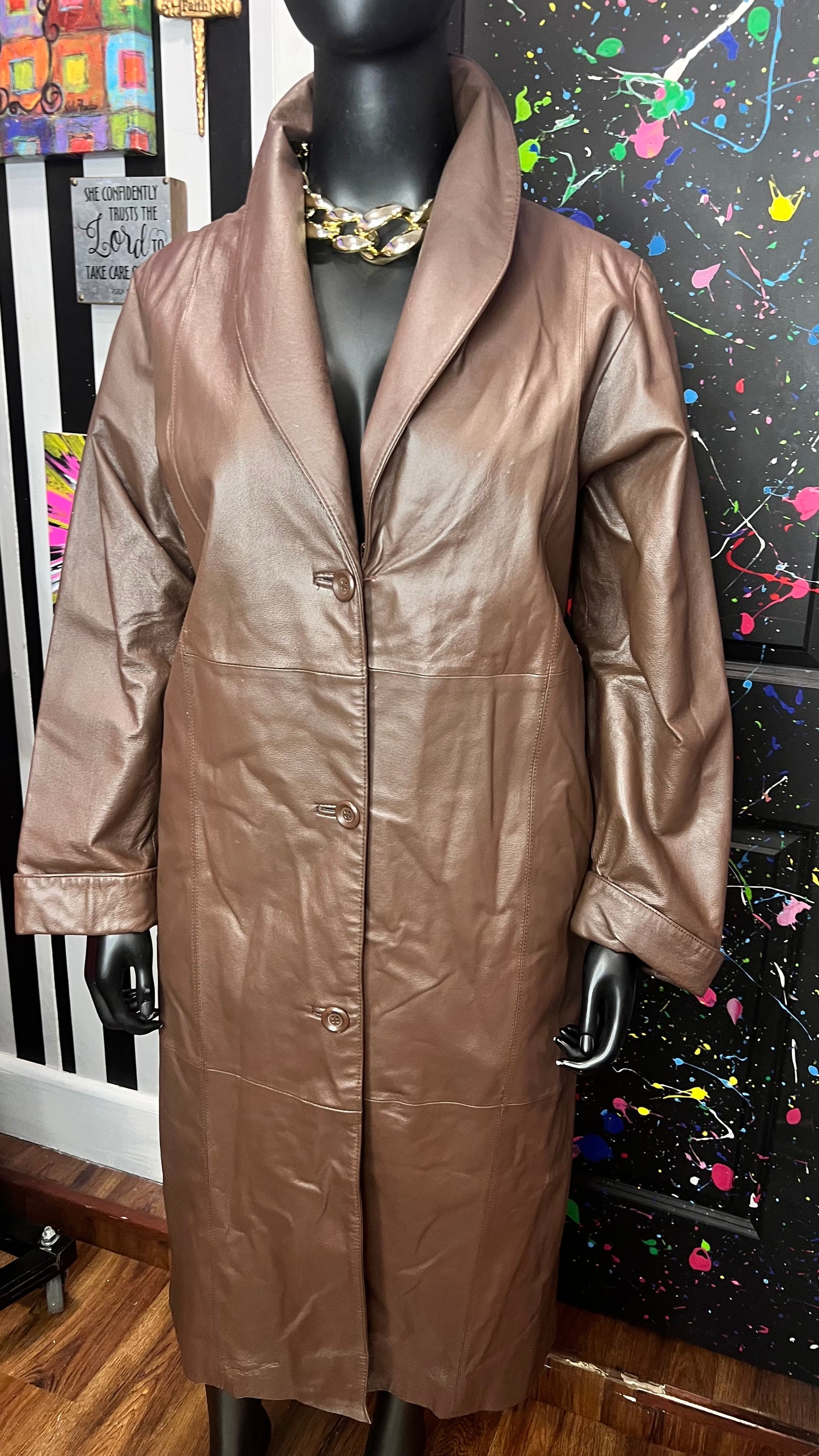 Vintage Chocolate Brown Genuine Leather Trench Coat (16)