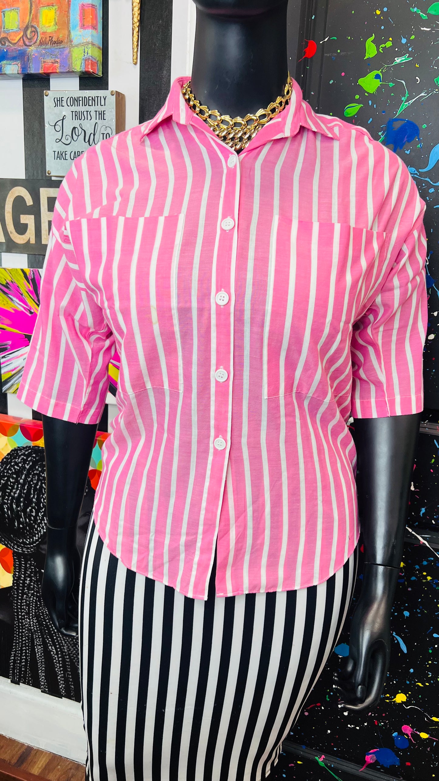 Vintage Cotton Pink & White Striped Blouse (14)