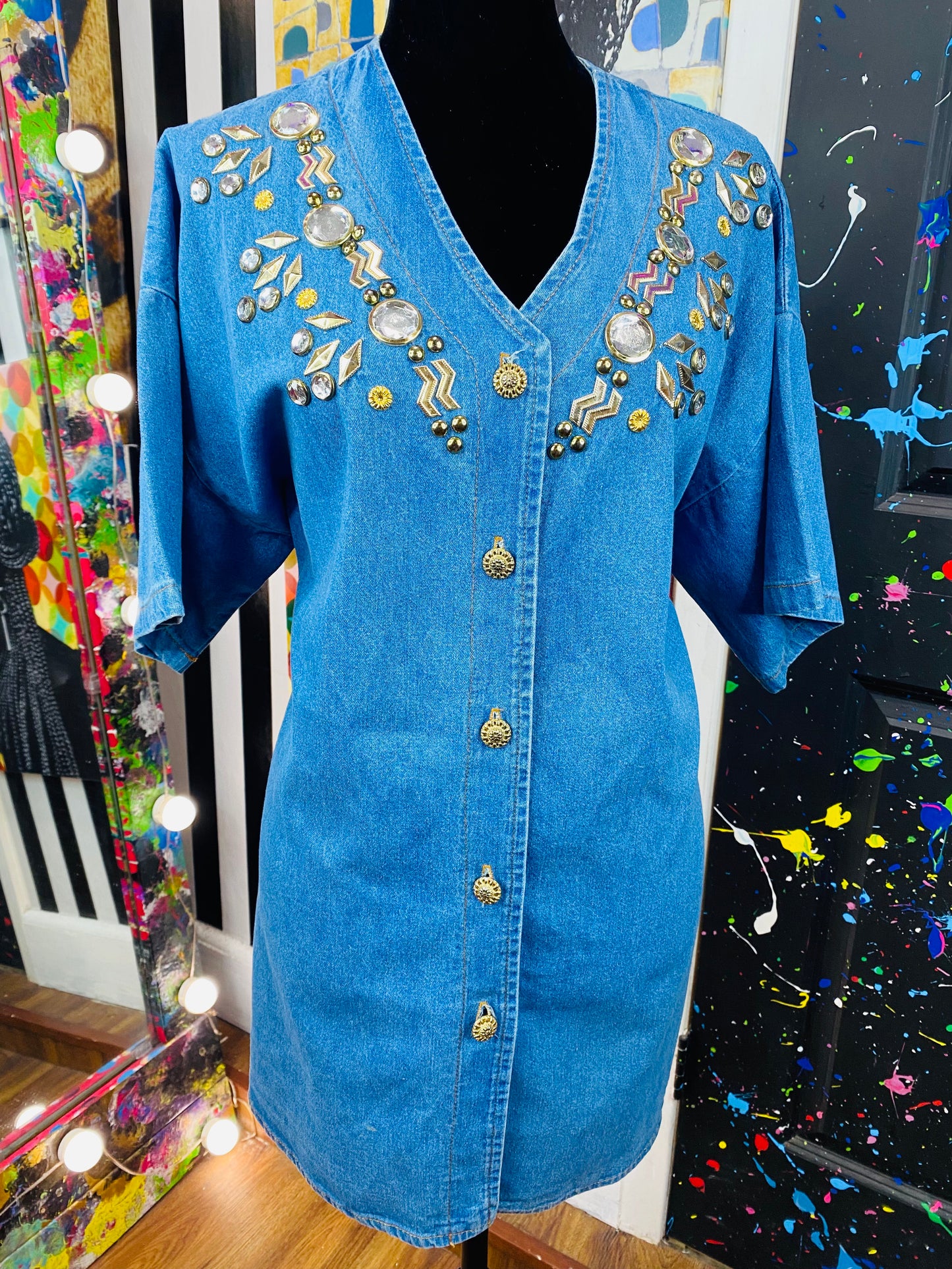 Vintage Denim Studded Short Sleeve Blouse