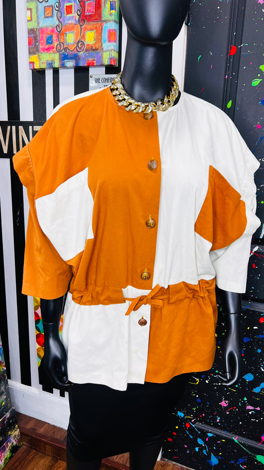 Vintage Brown & Cream Blouse Drawstring Waist Blouse (24)