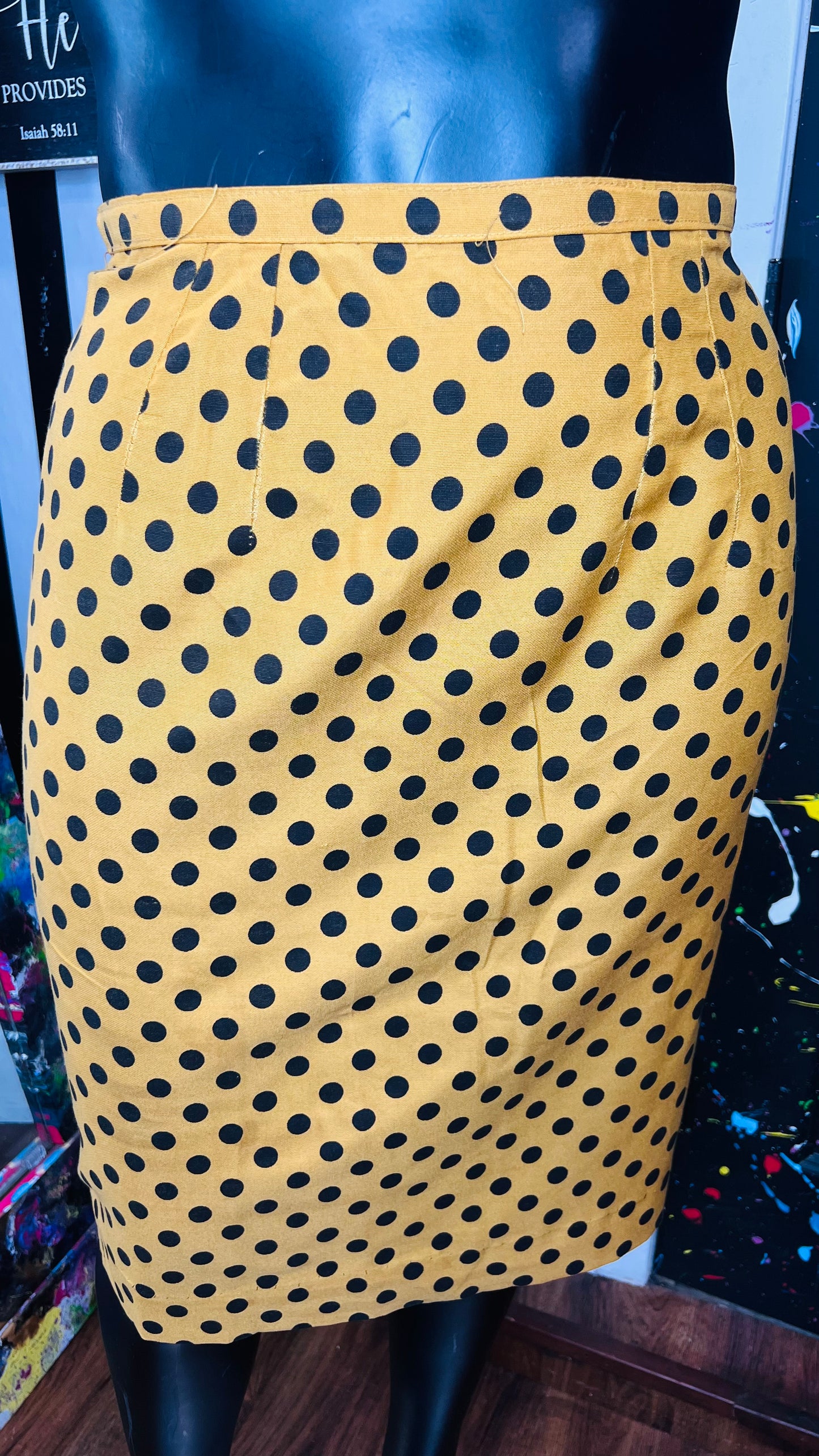 Vintage Handmade Yellow & Black Polka Dot Skirt (12/14)