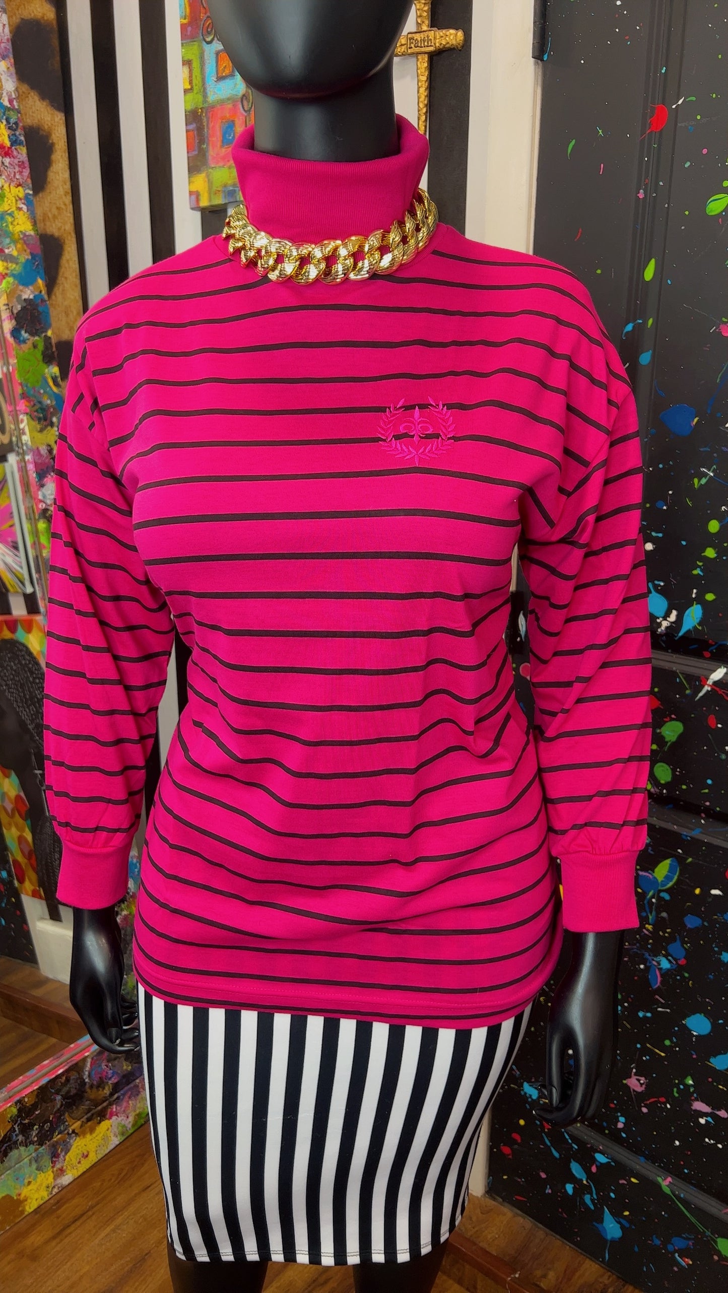 Vintage 100% Cotton Black Striped Turtle Neck - Pink (18)