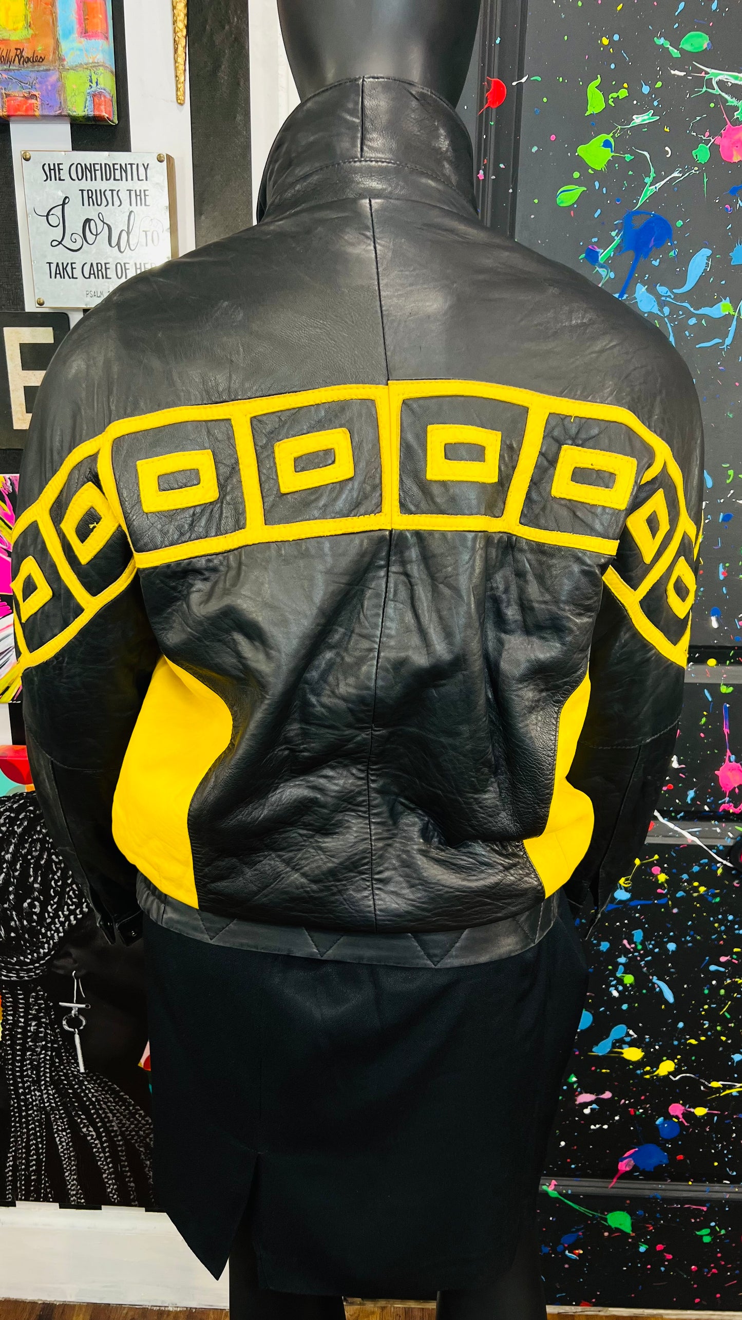 Vintage Genuine Leather Yellow & Black Tribal Print Coat (16/18)