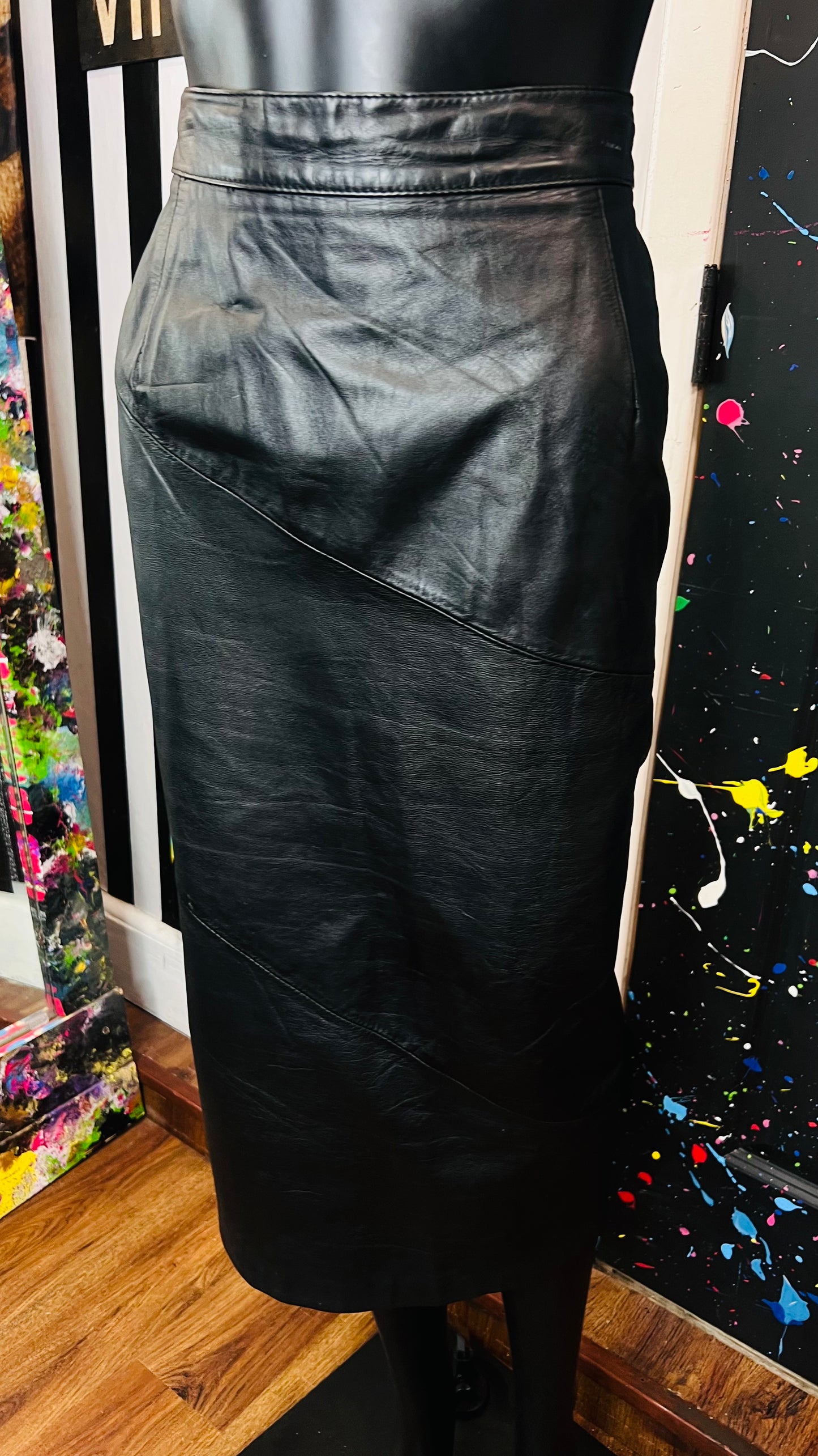 Vintage Black Genuine Leather Skirt (12/14)