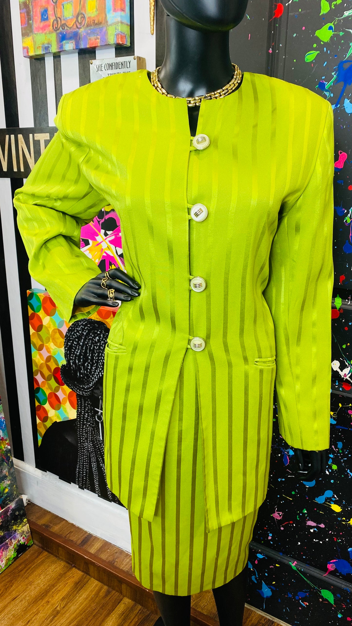 Vintage Green Striped Skirt Suit (14)