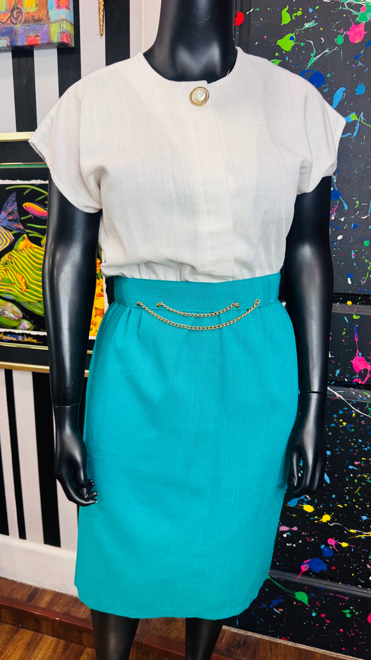 Vintage Teal & White Polka Dot Dress with Belt & Blazer (18)