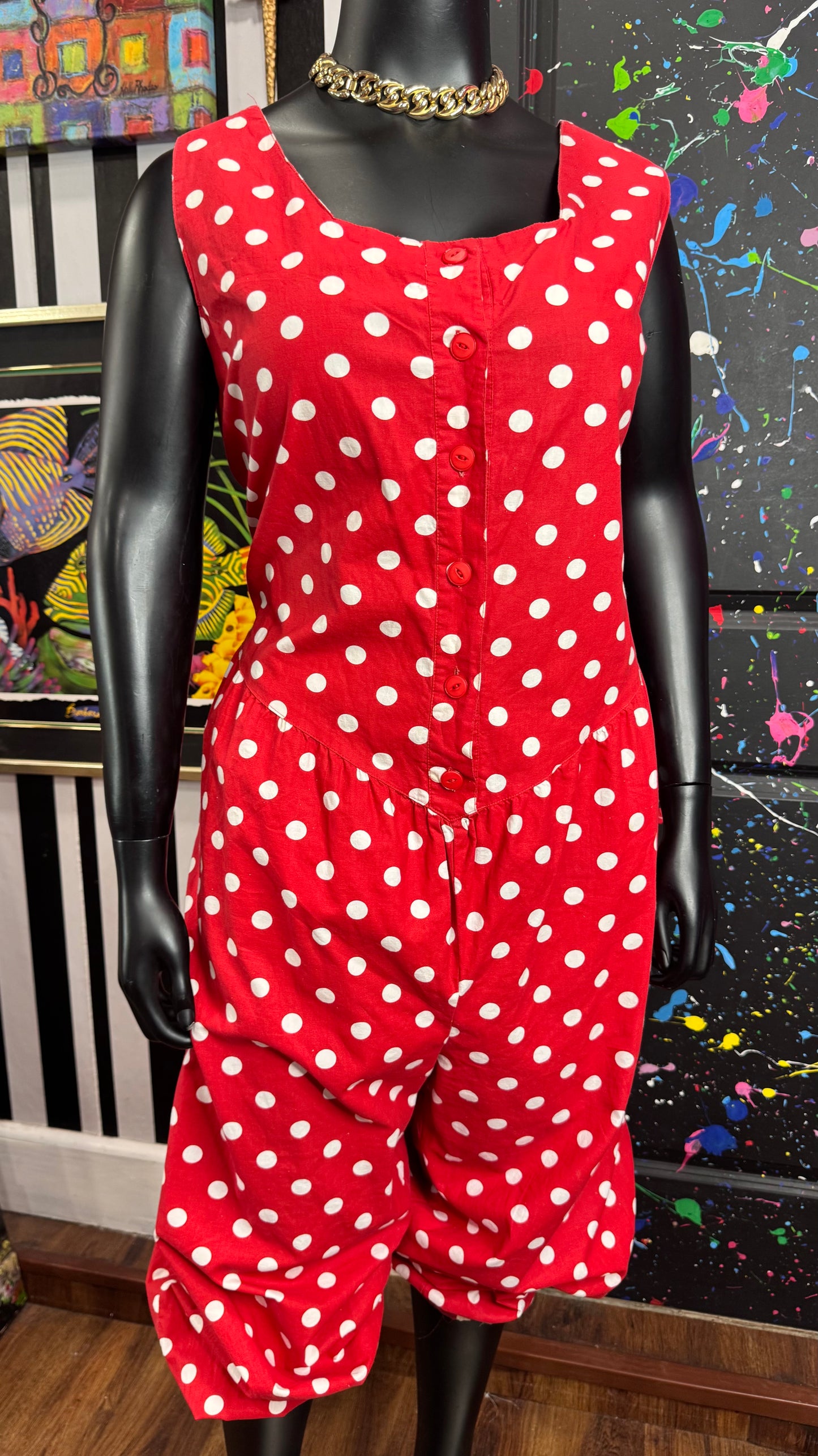Vintage Cotton Pleated Waist Red & White Jumpsuit (20) *KC
