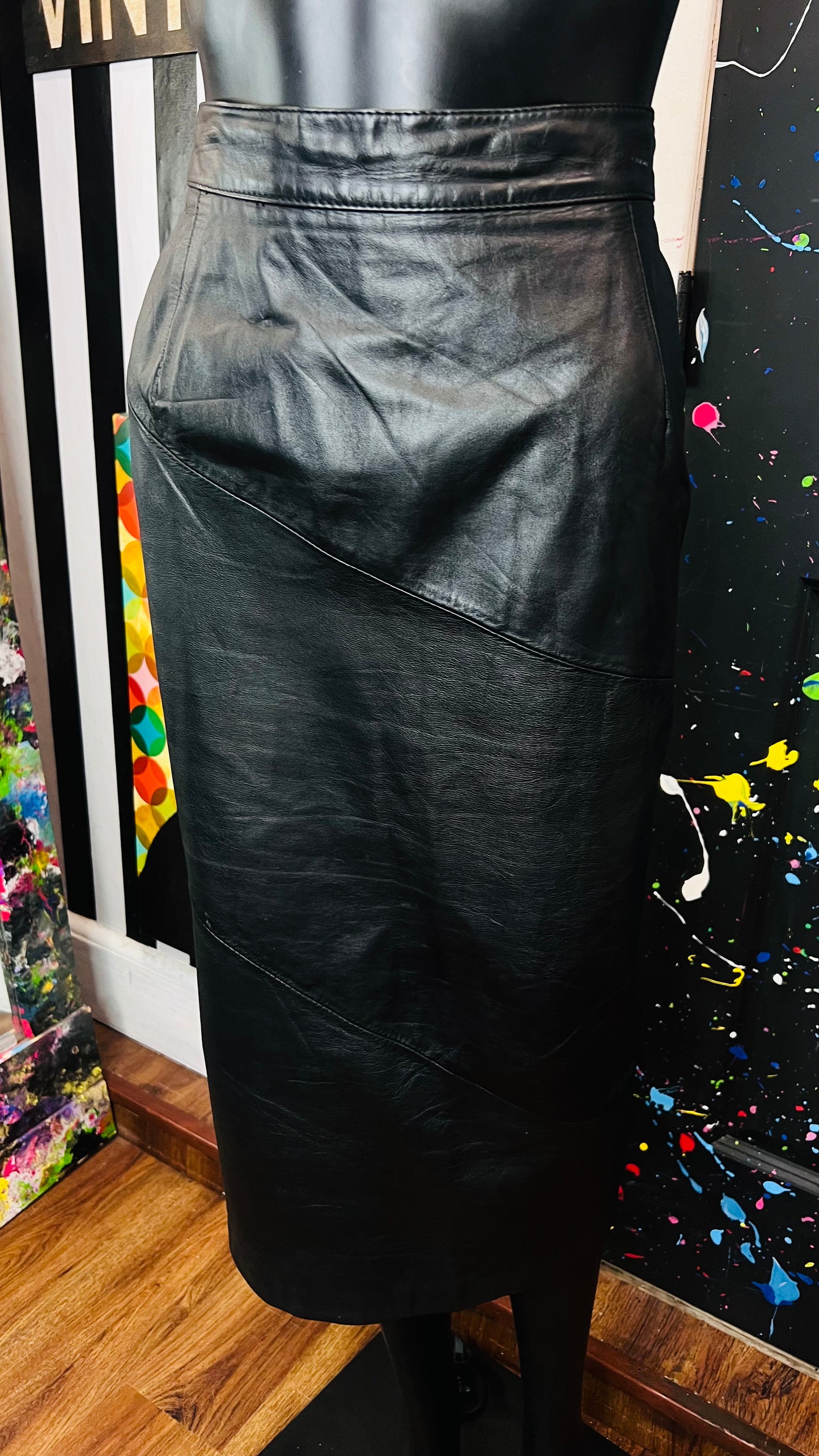 Vintage Black Genuine Leather Skirt (12/14)