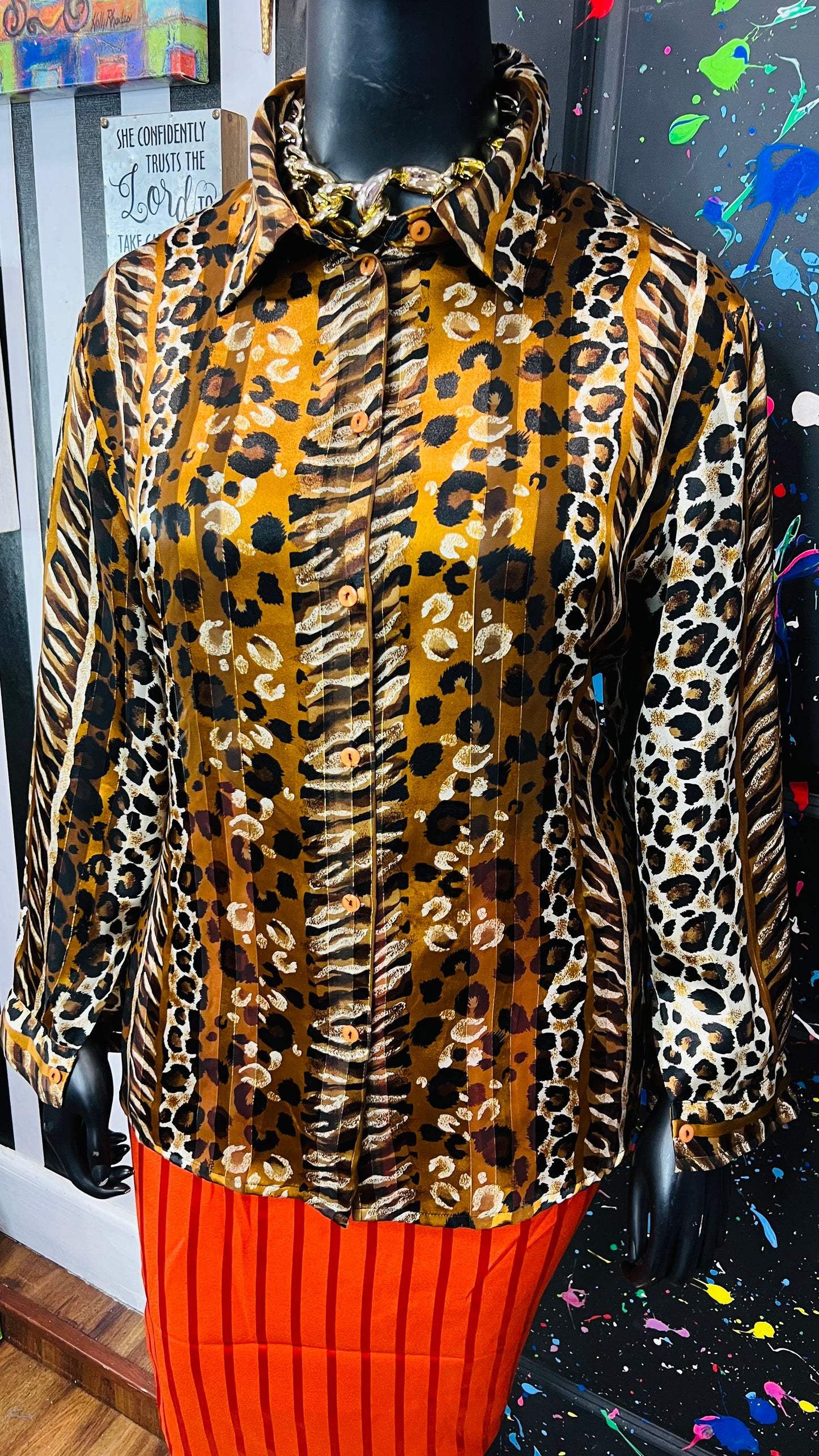 Vintage Animal Print Semi Sheer Blouse (22W)