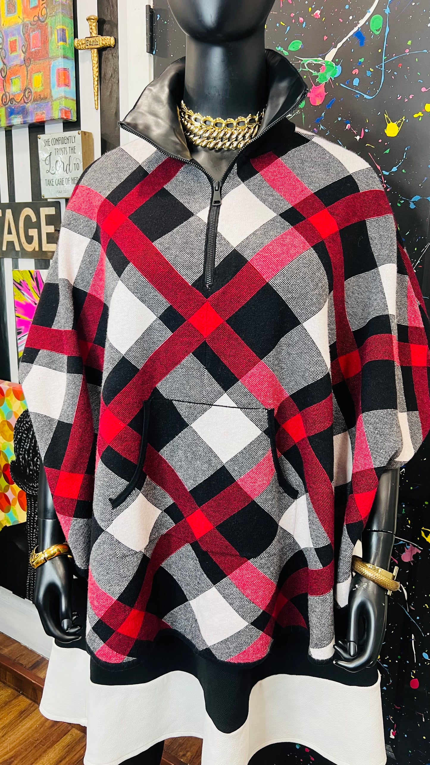 Plaid Stretch Knit Poncho (OS)