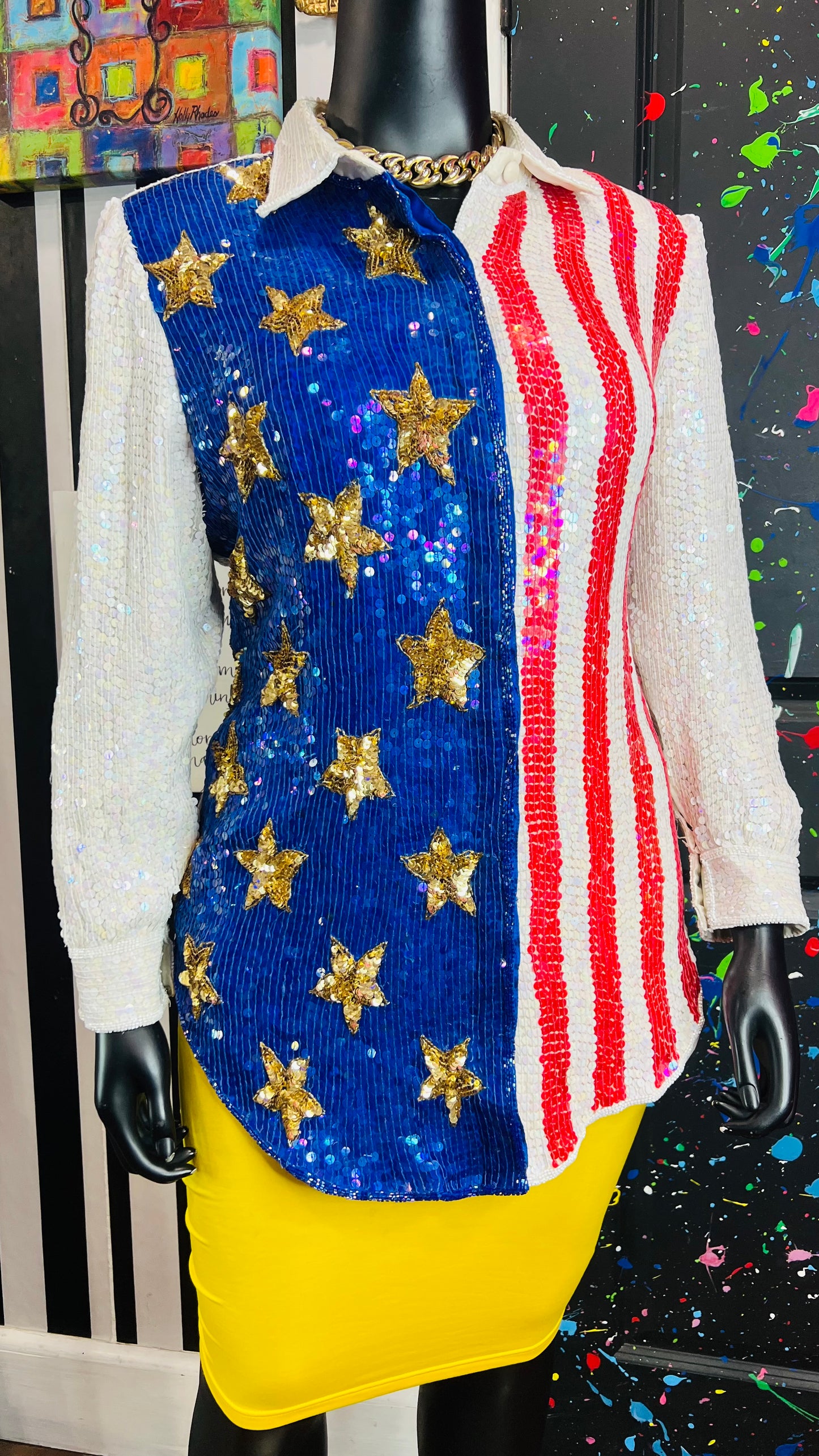 Vintage 100% Silk Sequin American Flag Blouse (20)