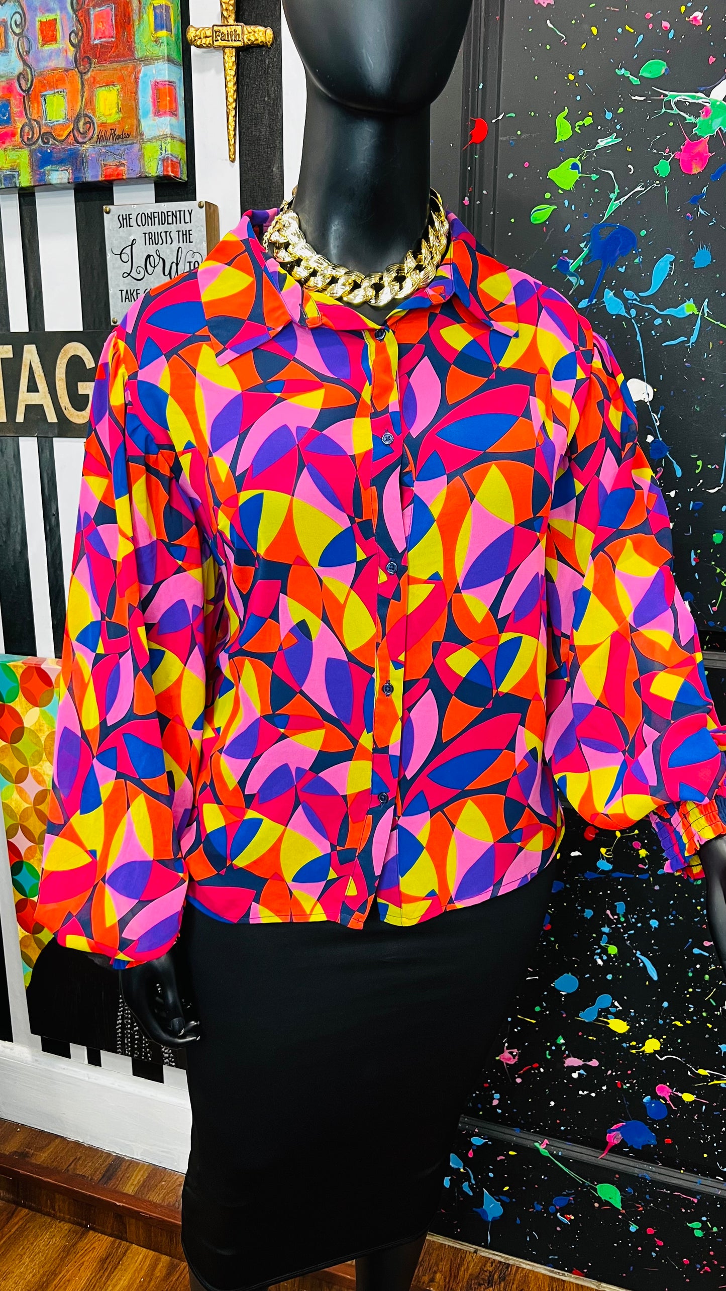 Colorful Balloon Sleeve Blouse (22)