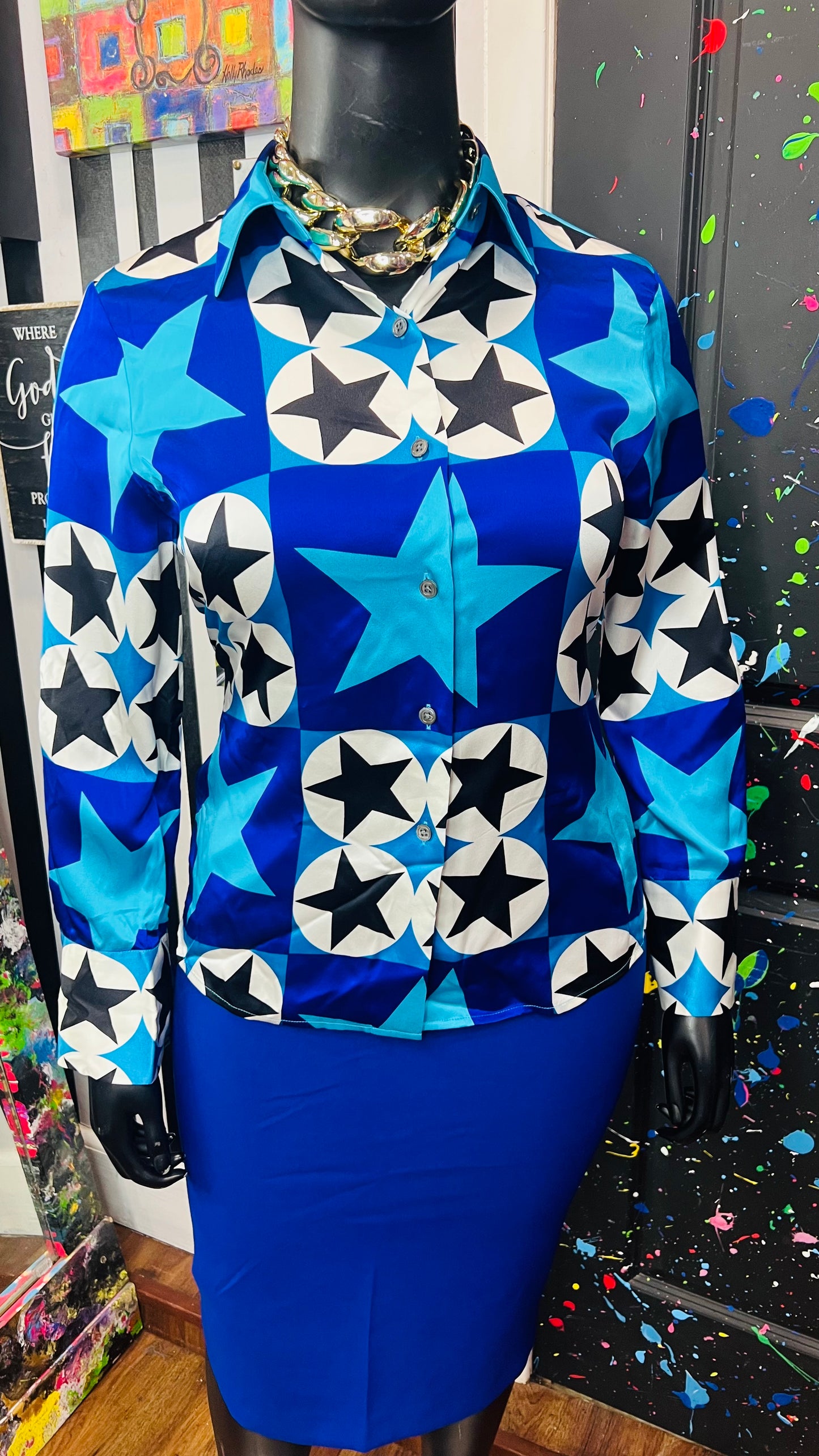 Vintage 100% Silk Ellen Tracy Stars Blouse (12)