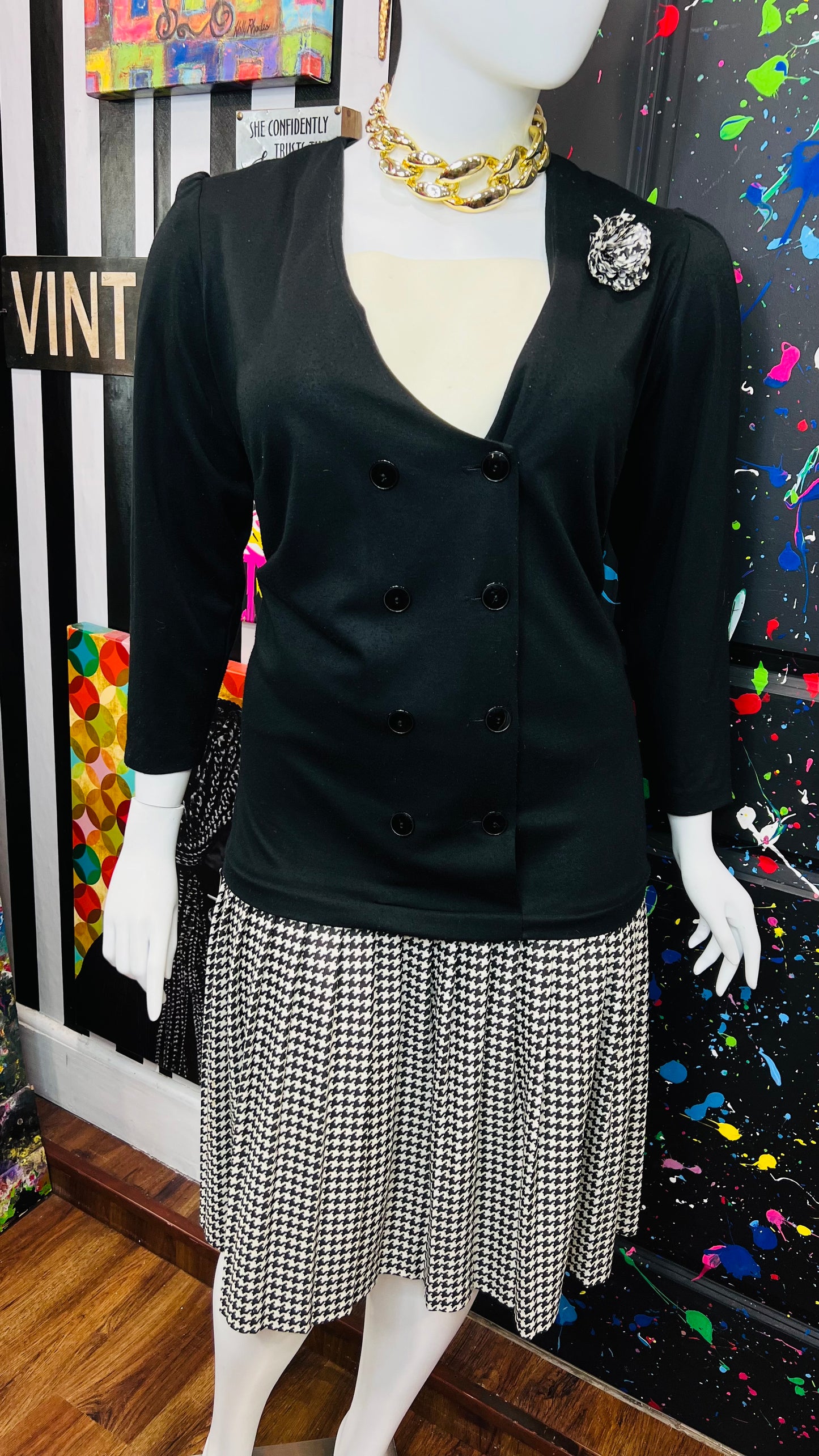 Vintage Houndstooth & Solid Black Dress (24W)