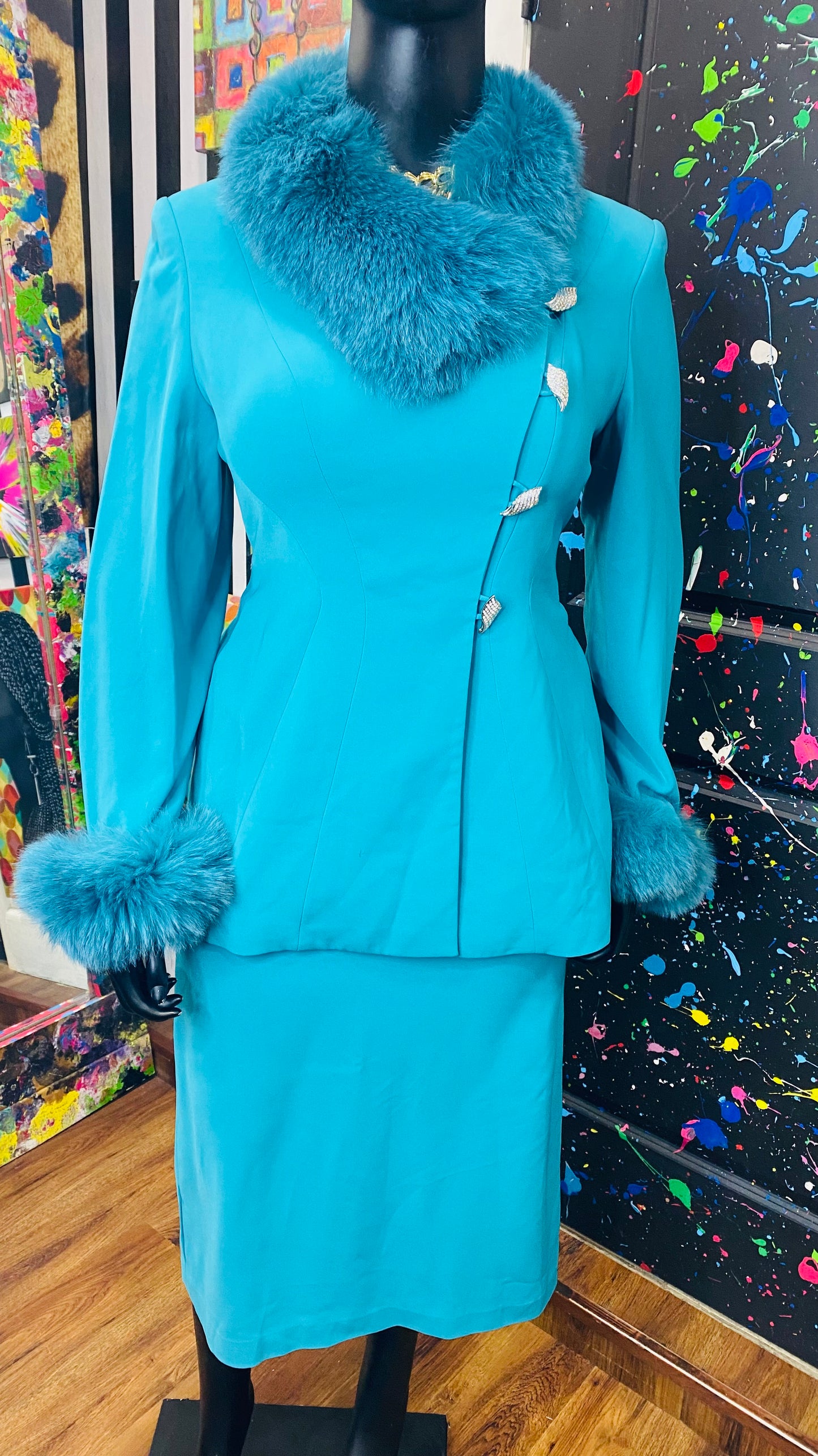 Vintage Couture Faux Fur Skirt Set - Blue (16)