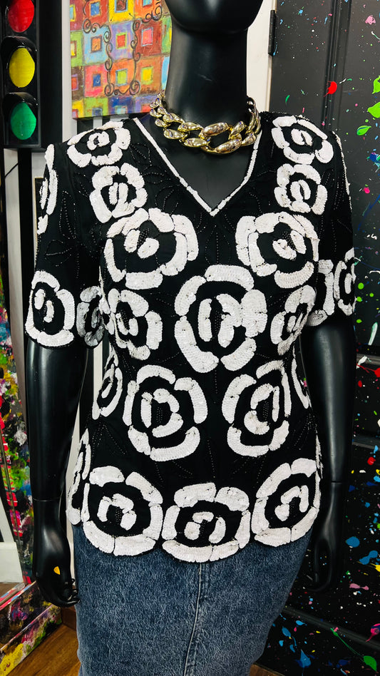 Vintage Black & White Sequin Blouse (16)