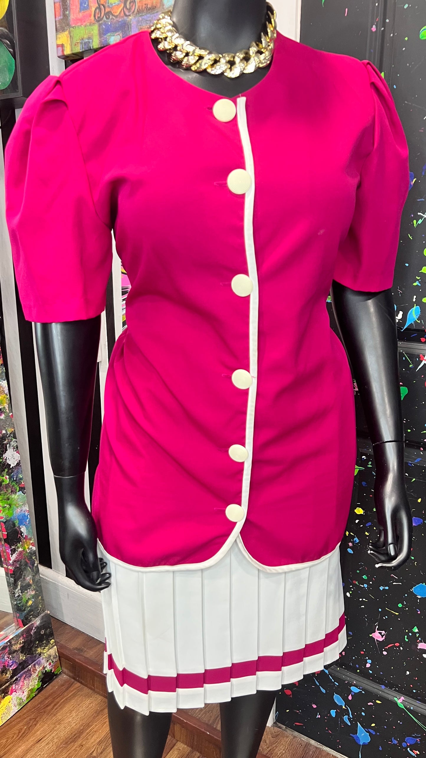 Vintage Pink & White Pleated Skirt Set (18)