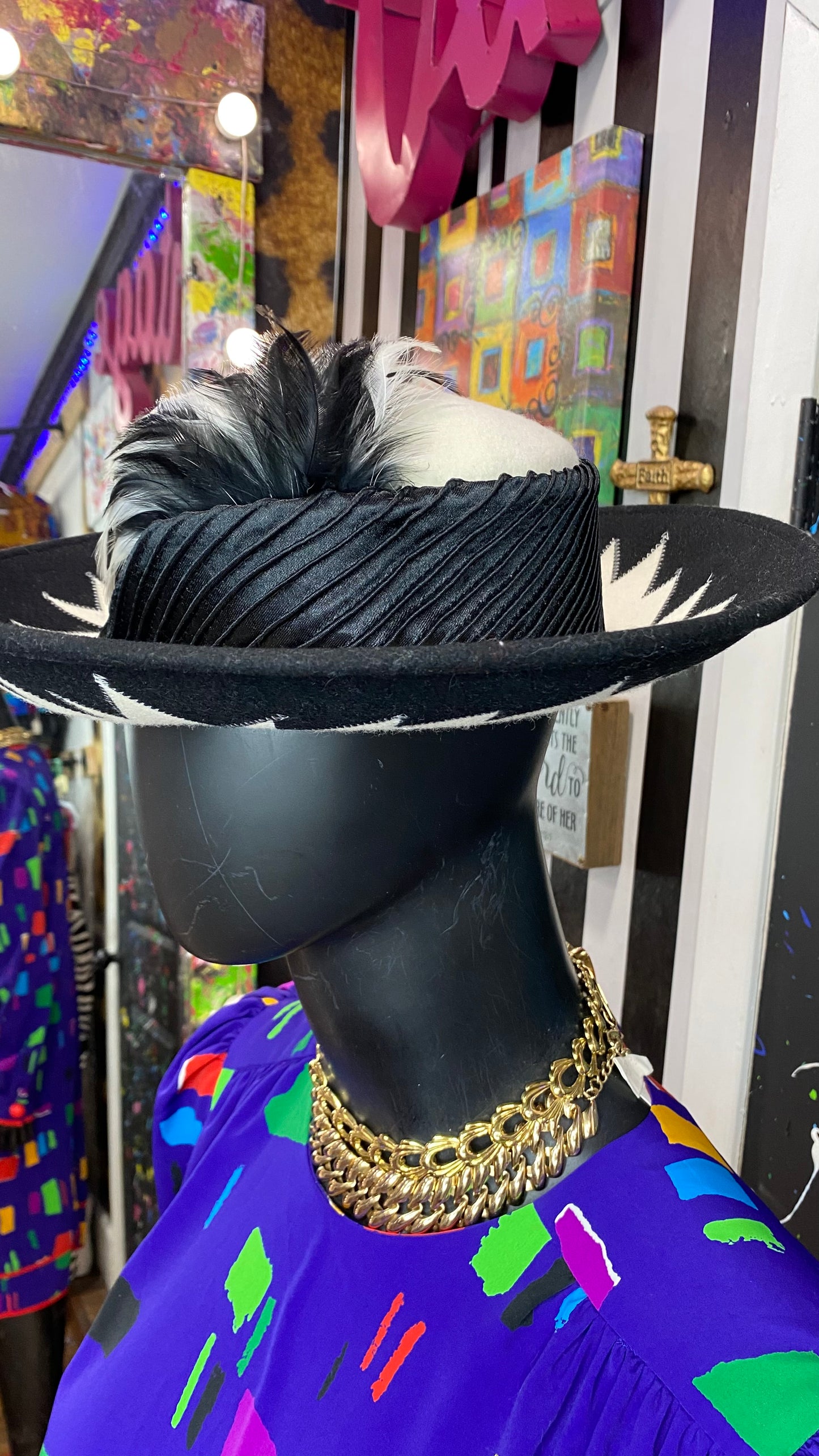 Vintage Black & White Wool Feather Hat