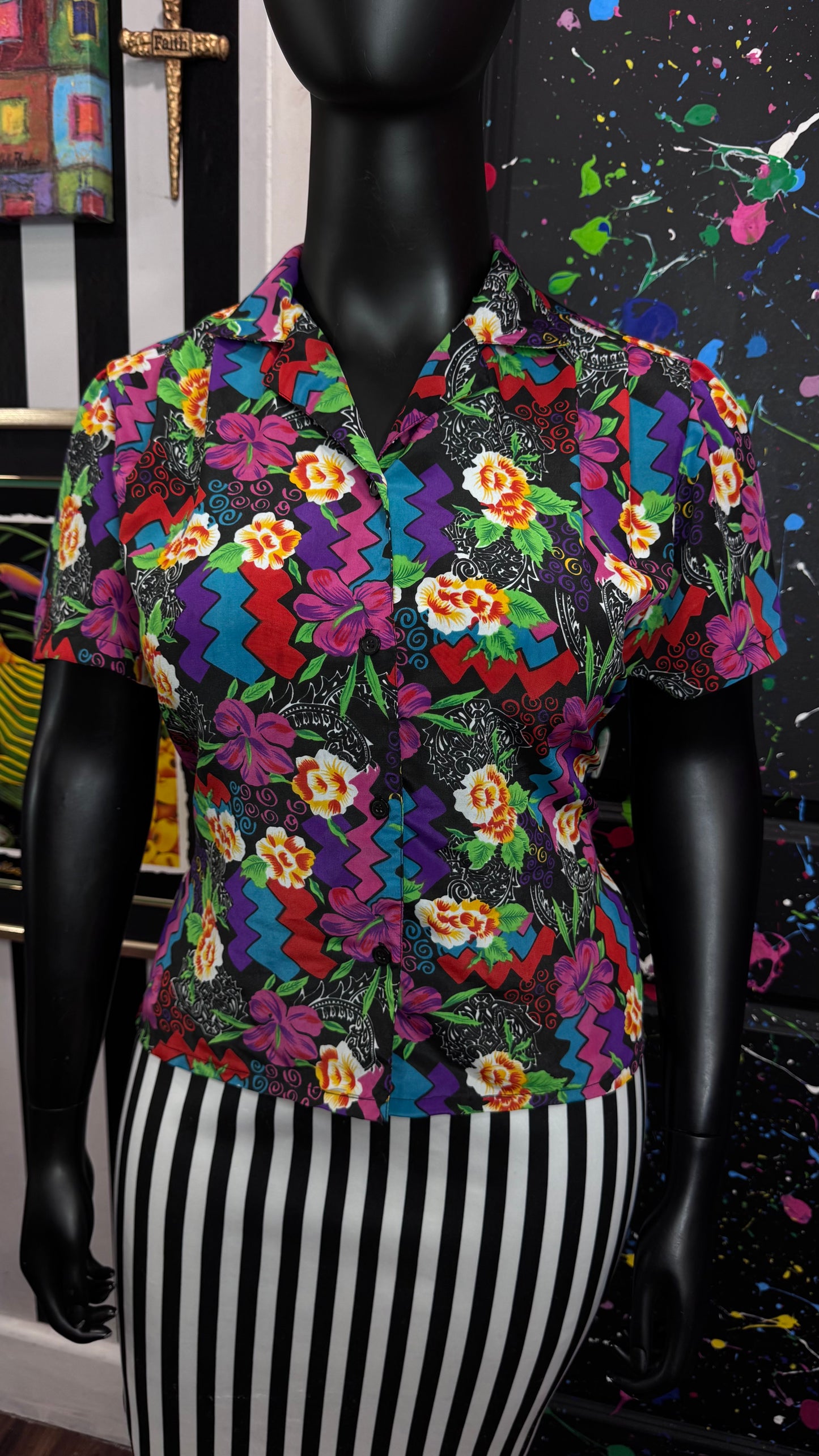 Vintage Floral Abstract Short Sleeve Blouse (14)