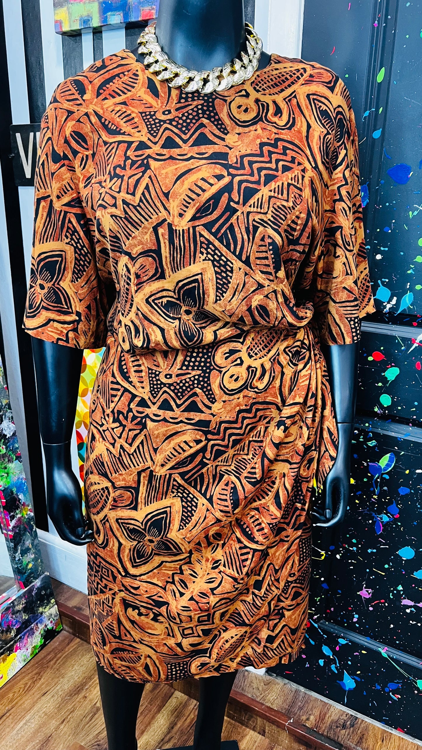 Vintage Rayon Sarong Style Tribal Print Dress (28) - Fits Like a 22