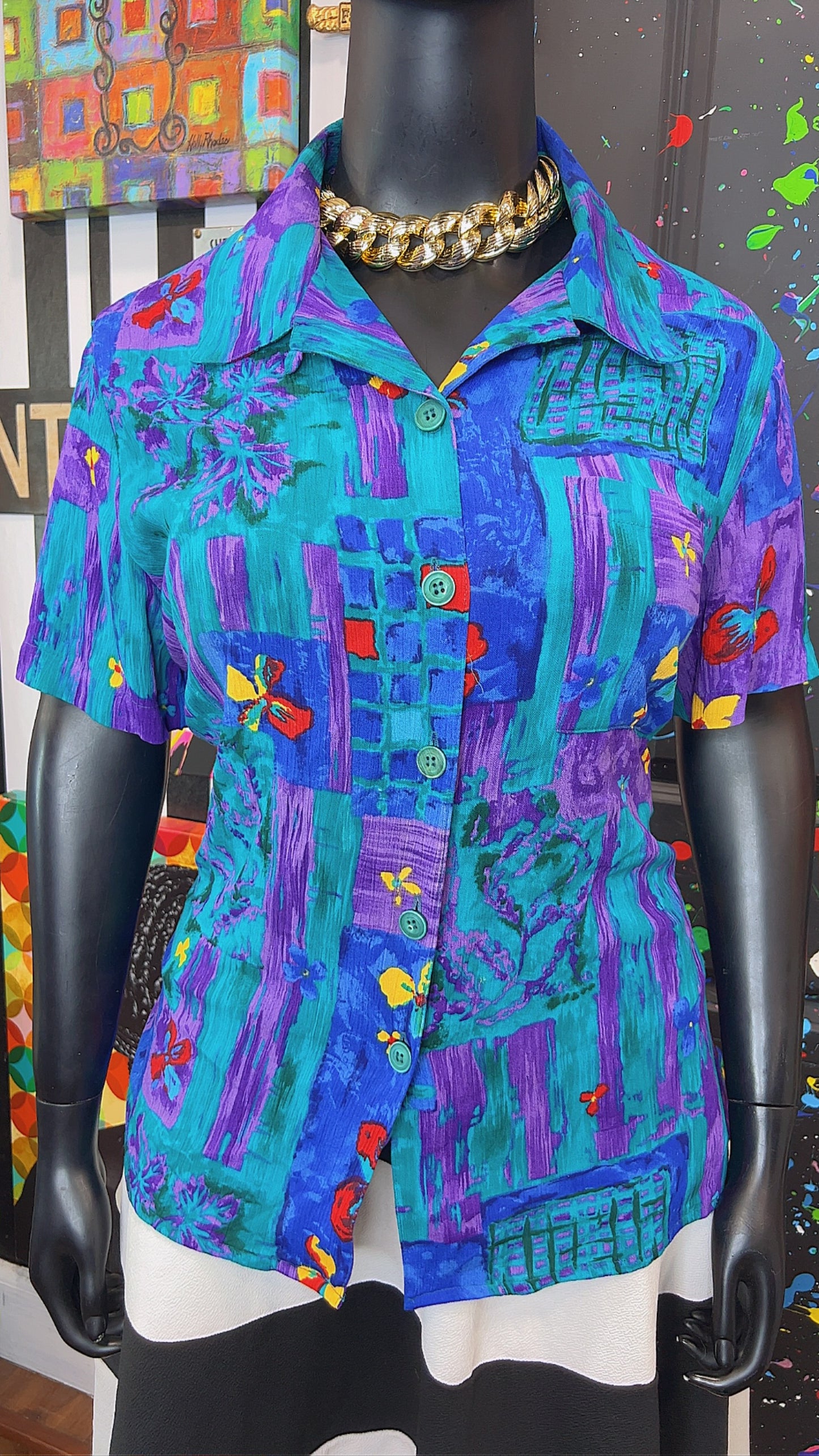 Vintage Rayon Watercolor Floral Blouse (22)