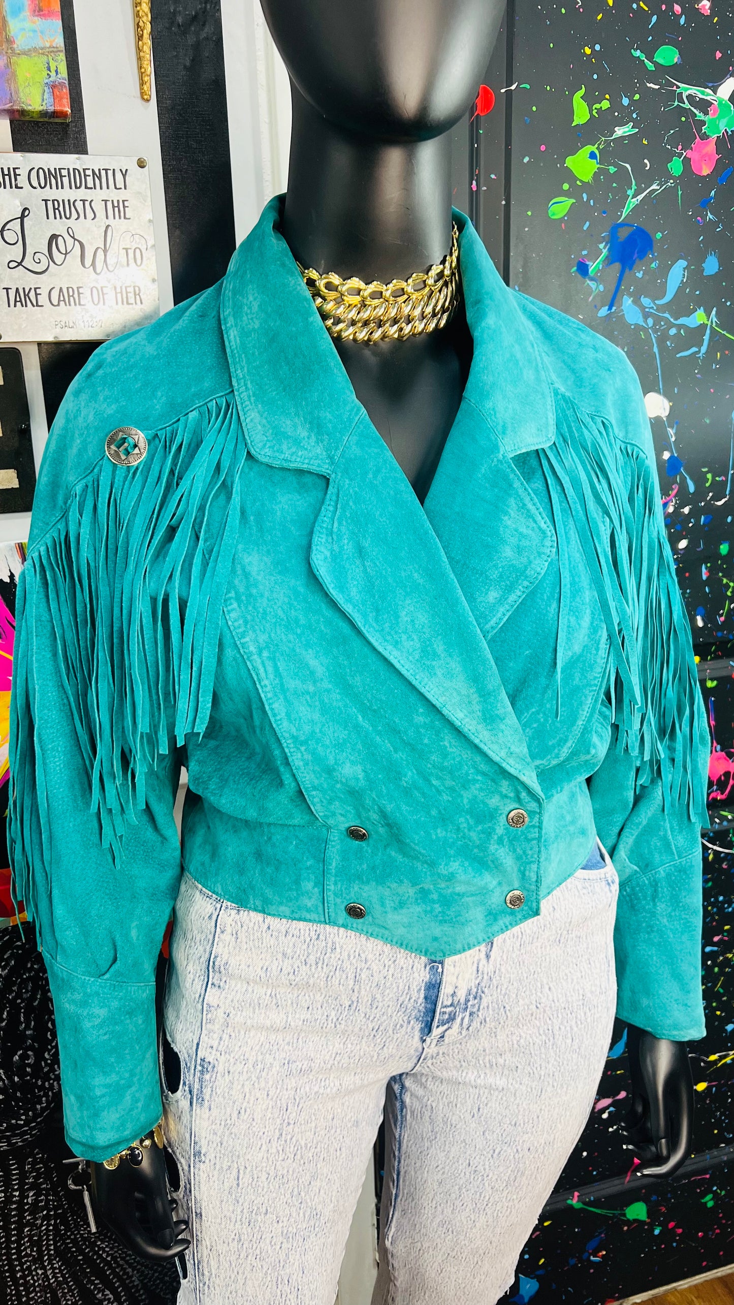 Vintage Teal Suede Genuine Leather Pelle Cropped Fringe Jacket (14)