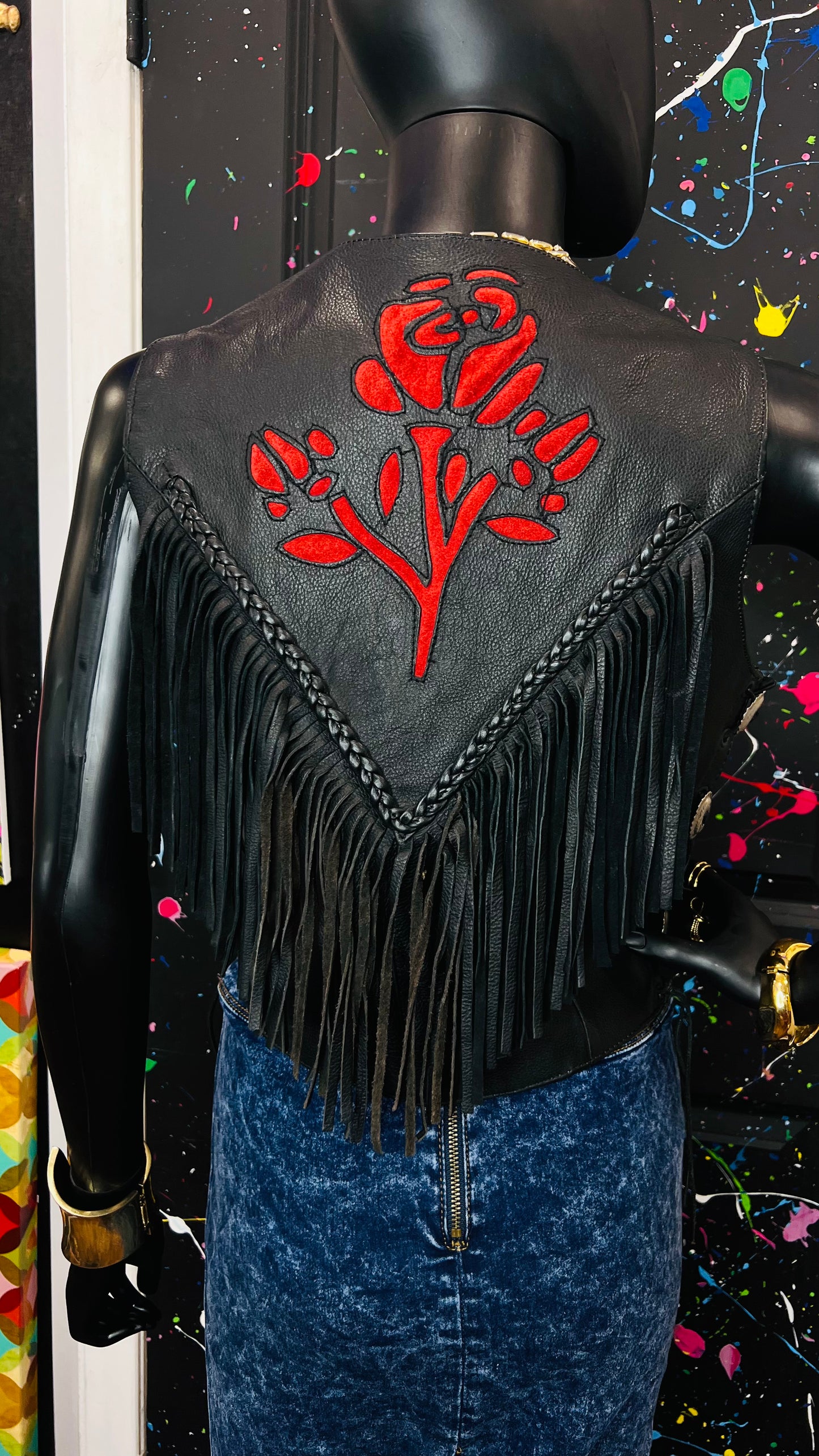 Vintage Genuine Leather Rose Fringe Vest (12)