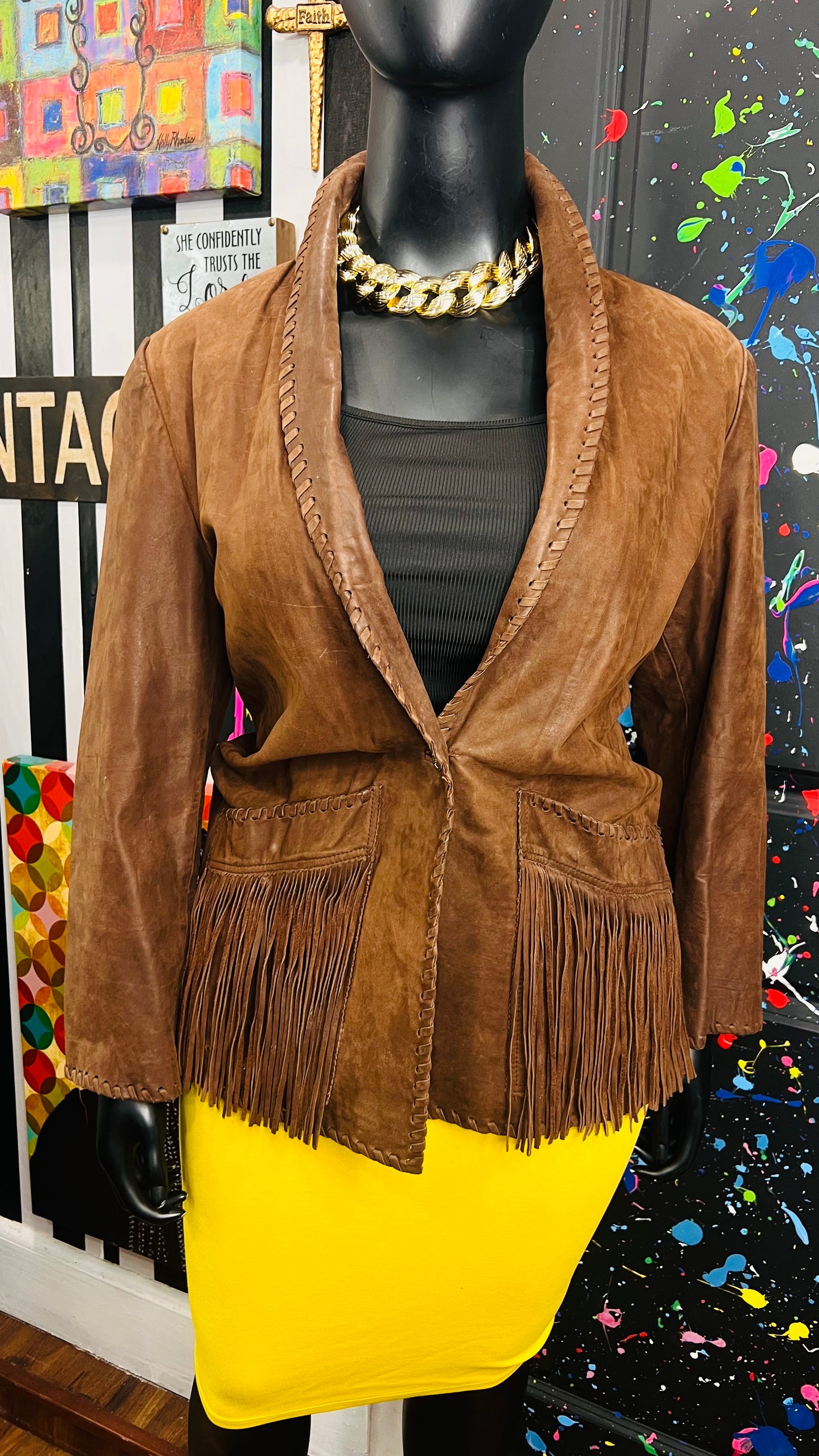 Vintage Genuine Leather Brown Fringe Blazer (18)