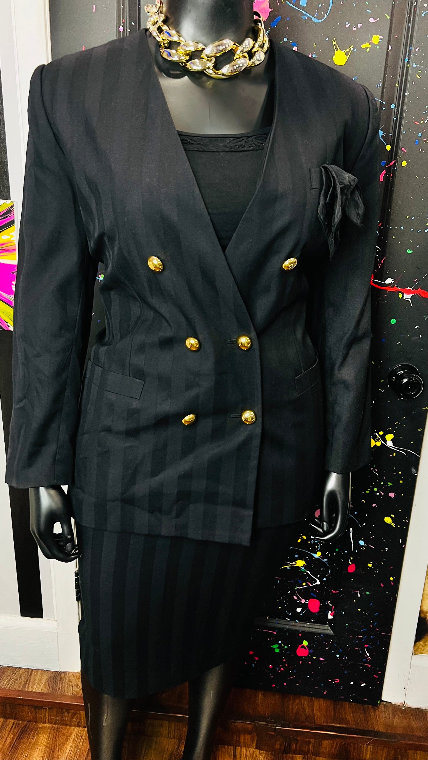 Vintage Black Striped Skirt Suit (18W)