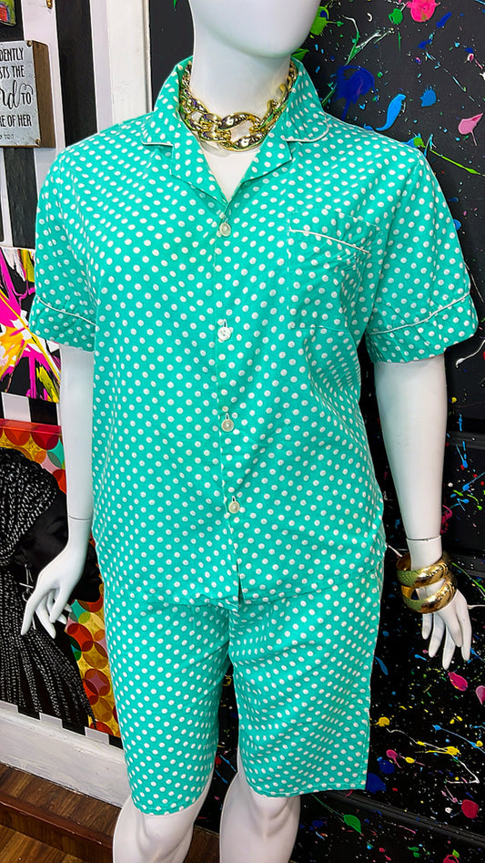 Vintage Teal & White Polka Dot Short Set (22)