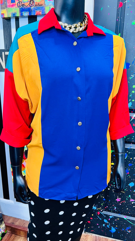 Vintage Color Block Gold Tone Button Blouse (24W)