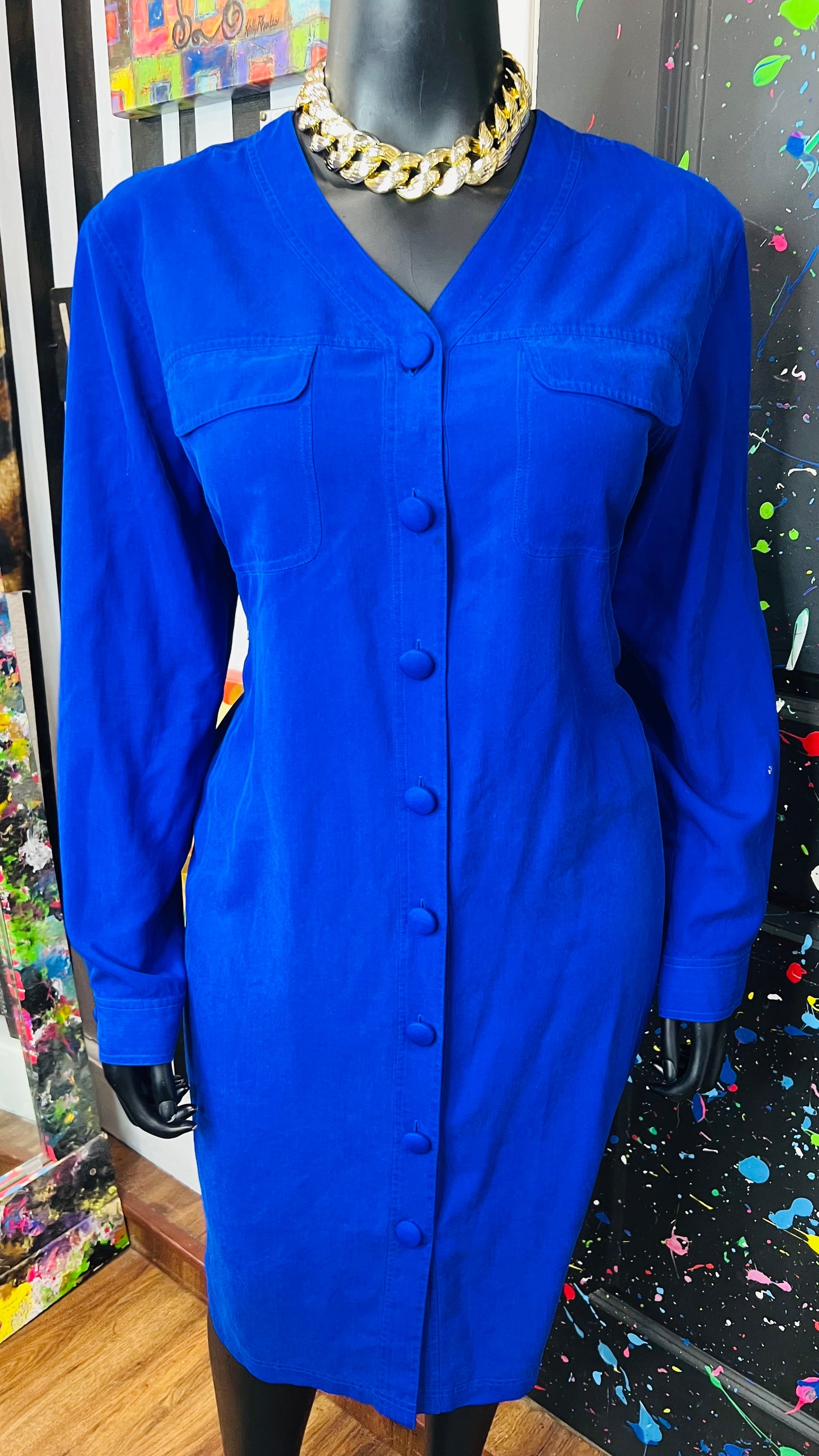 Vintage 100% Silk Cobalt Blue Dress (18)