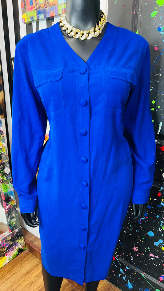 Vintage 100% Silk Cobalt Blue Dress (18)