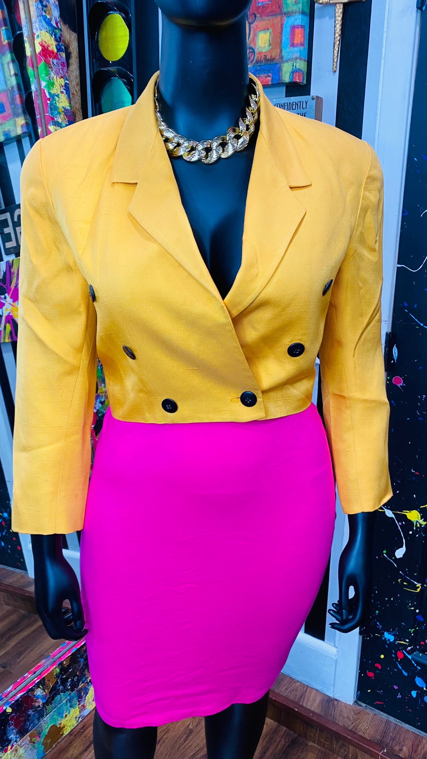 Plus Size 100% Silk Vintage Mustard Yellow Cropped Blazer (12)