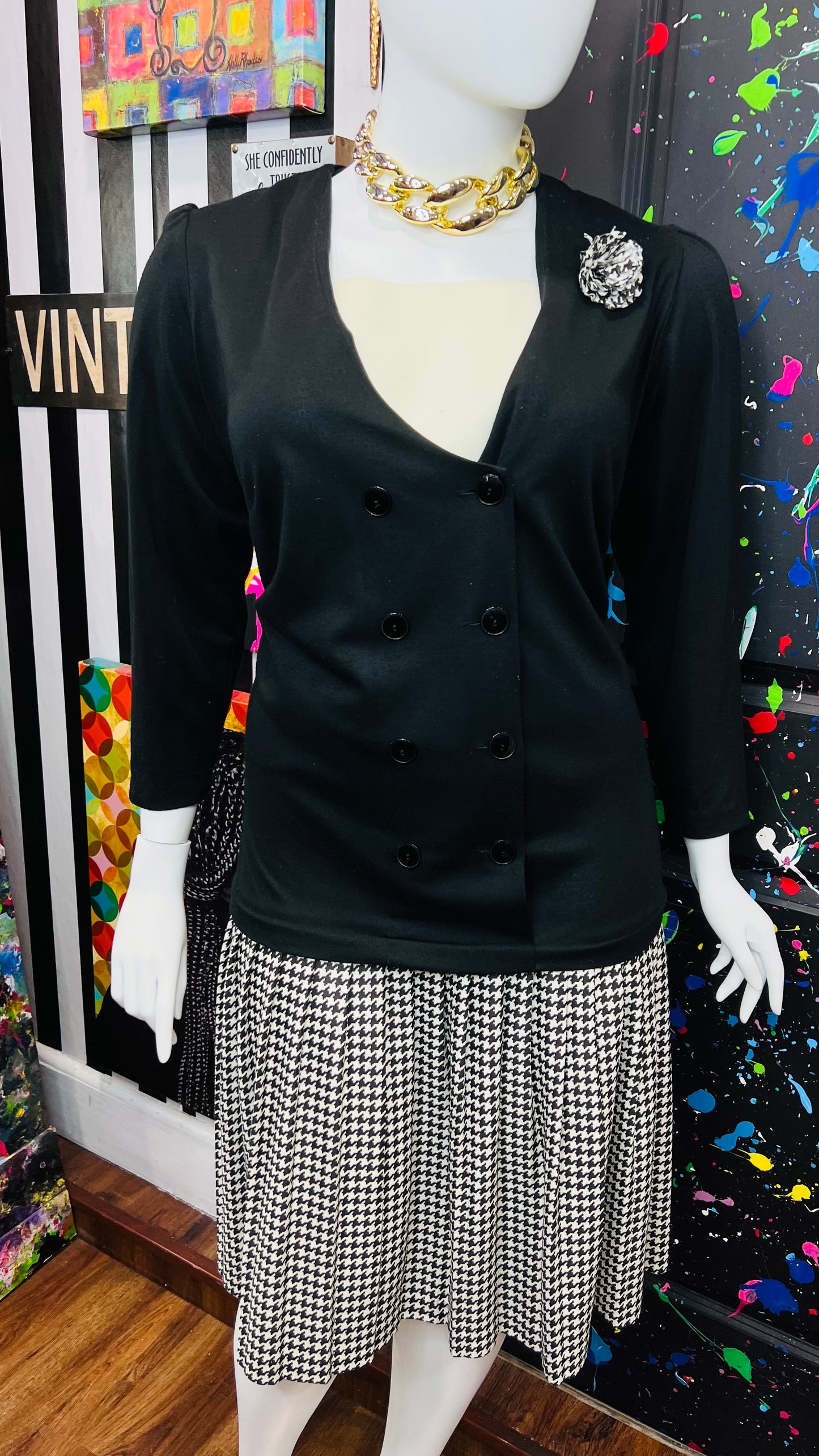 Vintage Houndstooth & Solid Black Dress (24W)