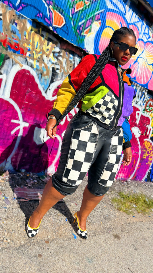 Vintage Color Block Genuine Suede Leather Checker Jacket (Best Fit Sizes 16-20)