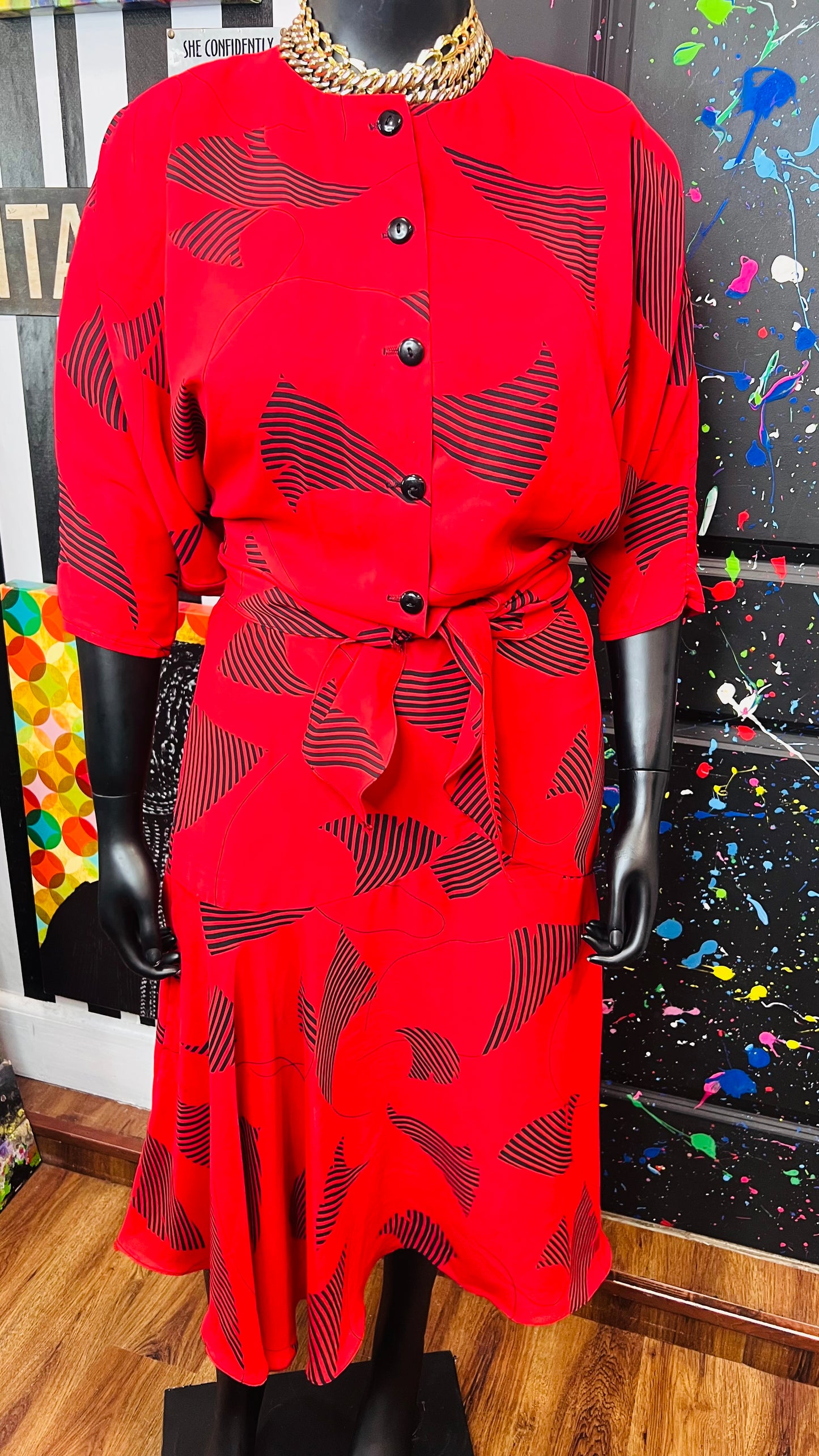 Vintage Red & Black Tie Front Blouse Skirt Set (14)