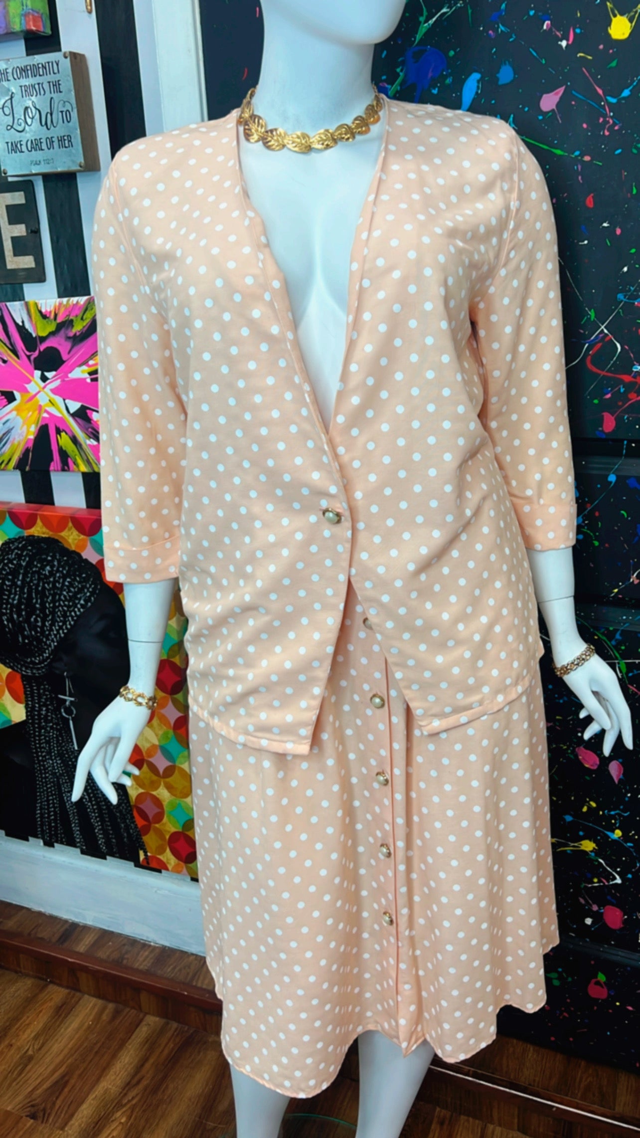 Vintage Peach Polka Dot & White Skirt & Blazer Set (16/18)