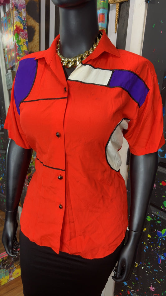 Vintage Burnt Orange Color Block Blouse (12)