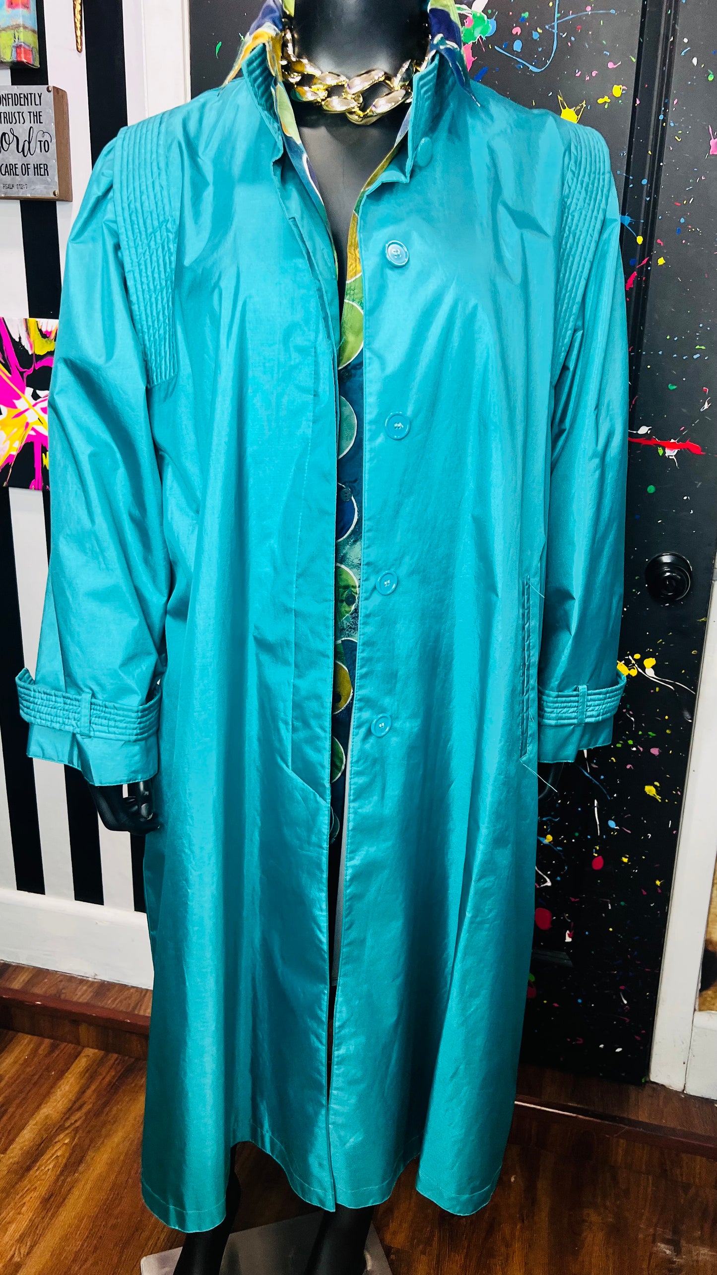 Vintage Teal Rain Trench Coat (24)