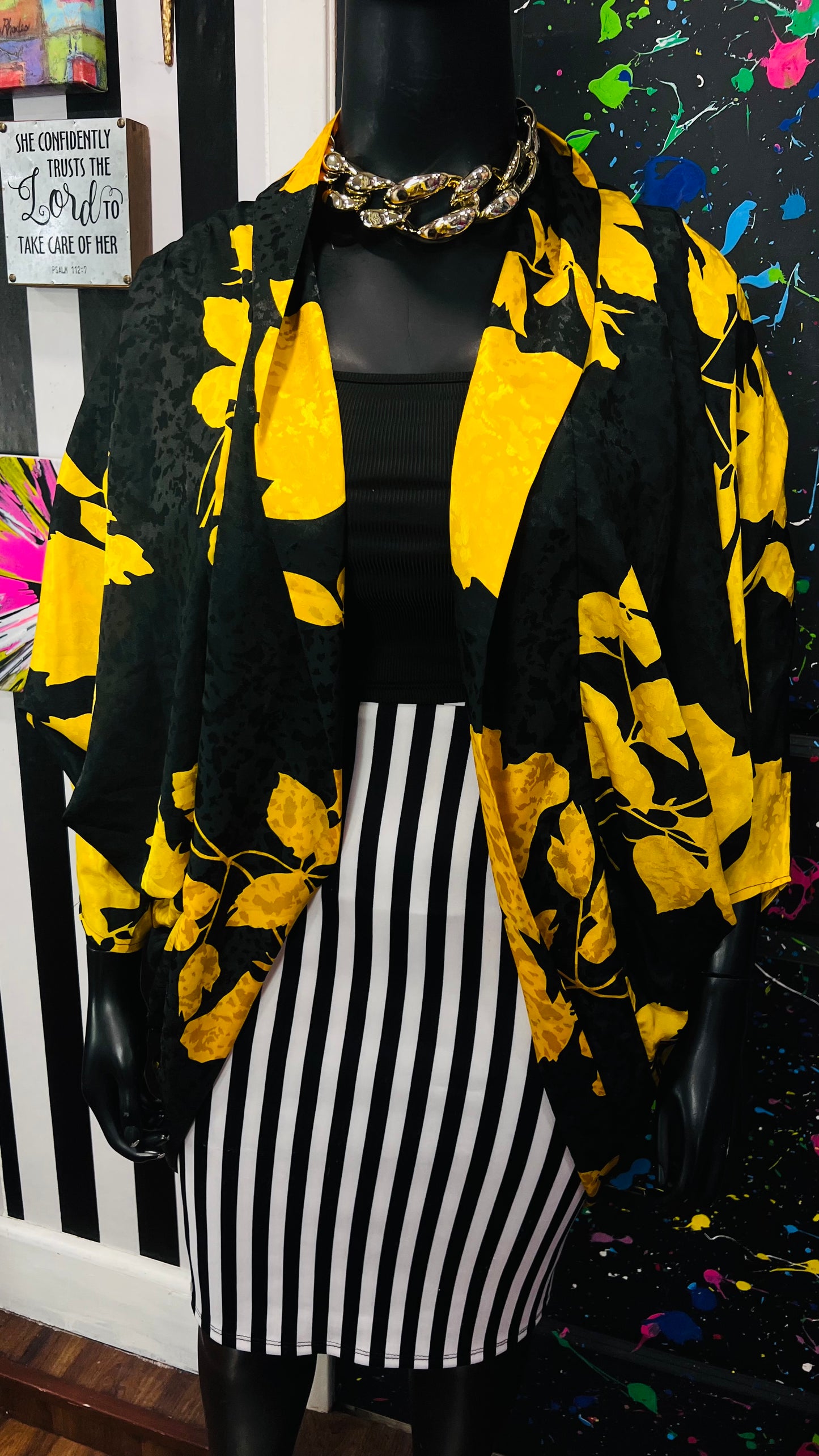 Vintage Polyester Black & Yellow Duster (OS)