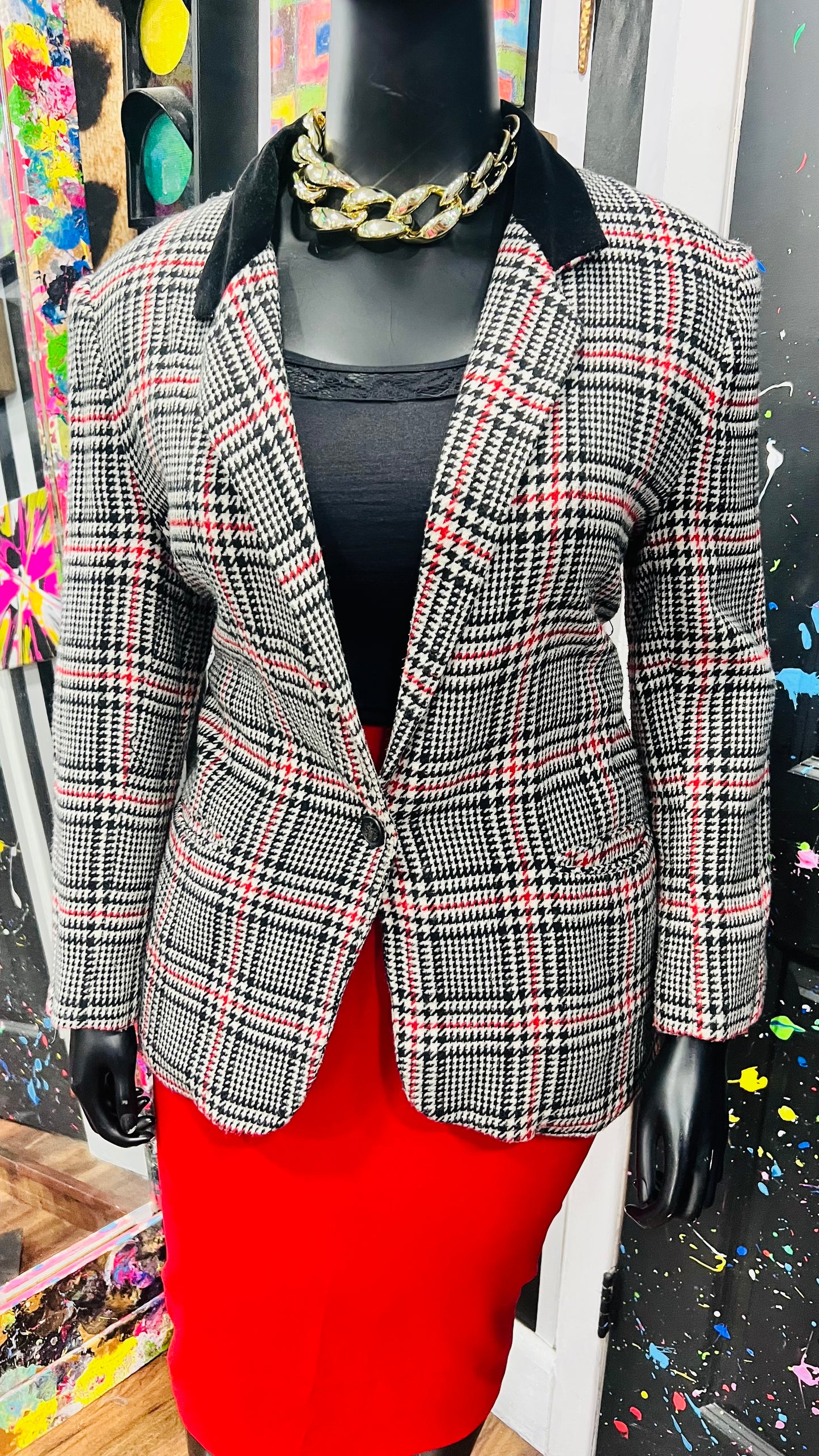 Vintage Black Red & White Houndstooth Blazer (16)