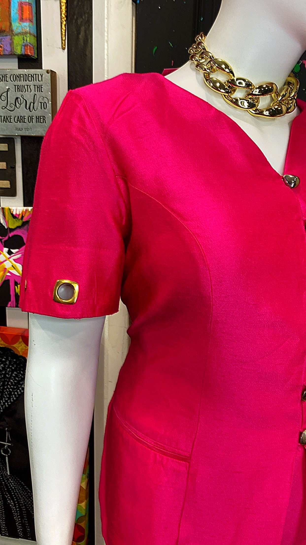 Vintage Vibrant Pink Skirt Suit W/ Gold Accents (20W)