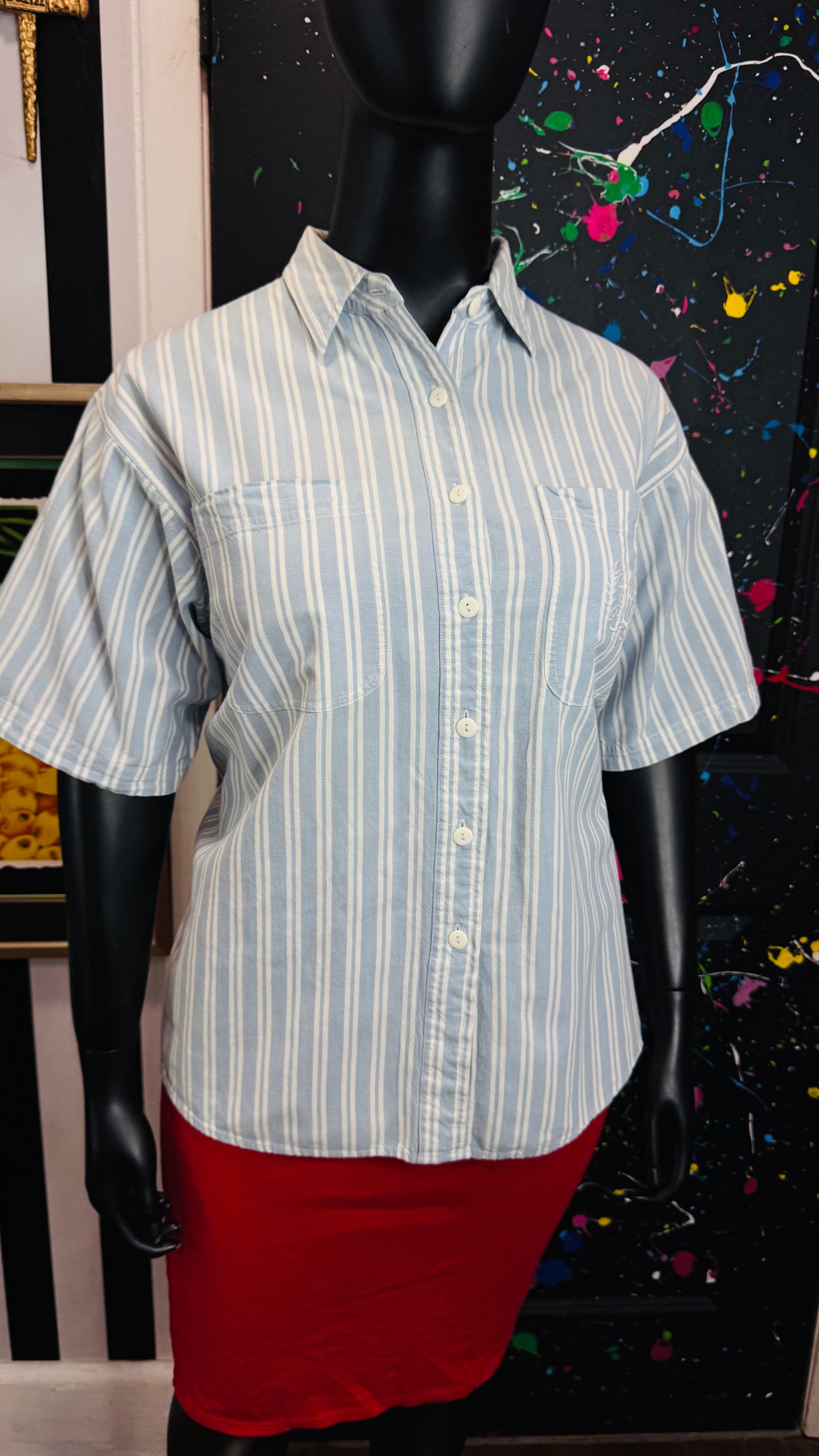 Vintage Blue & White Striped Denim Blouse (22W)