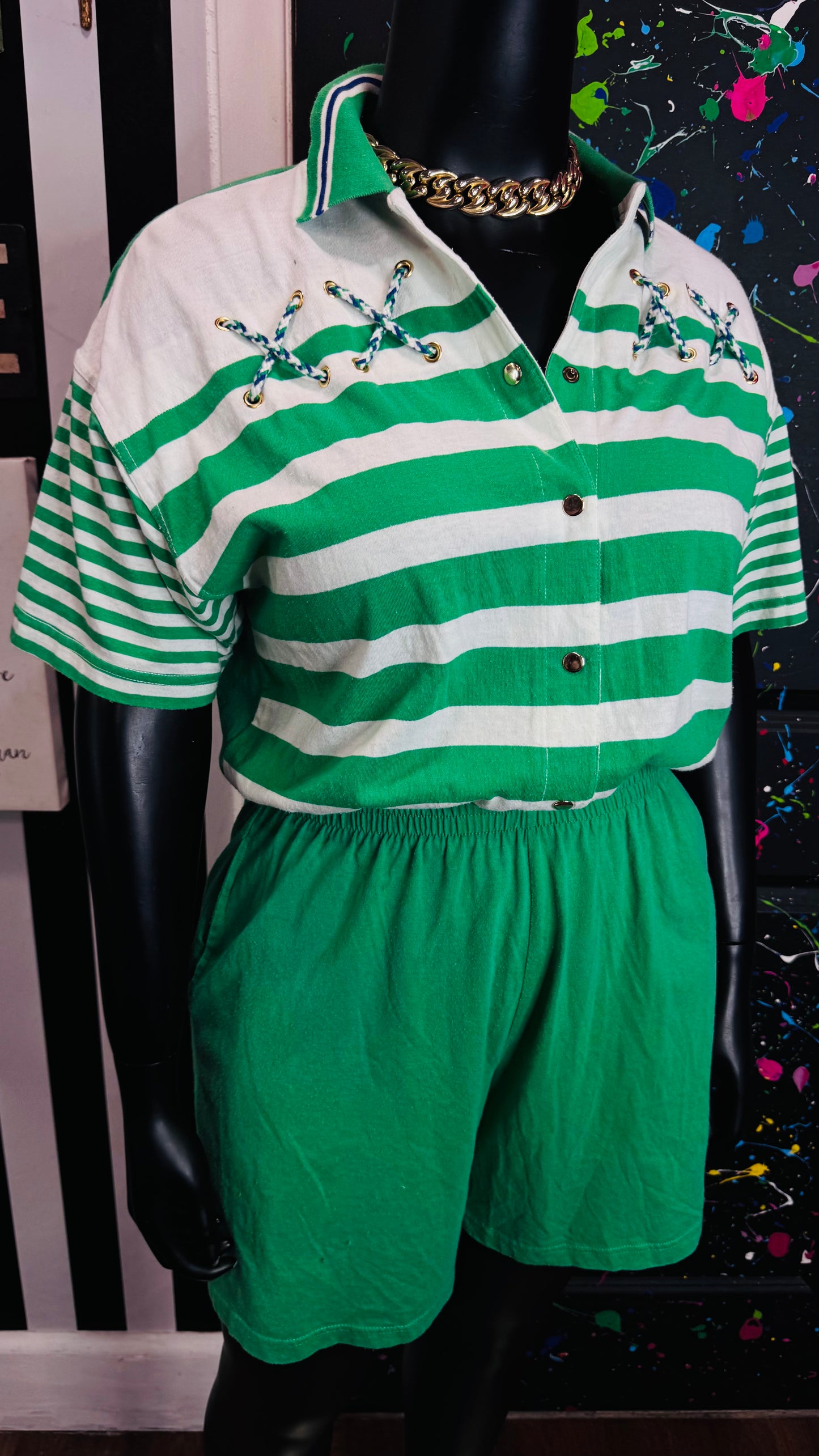 Vintage Cotton Green & White Striped Romper (14/16) *KC