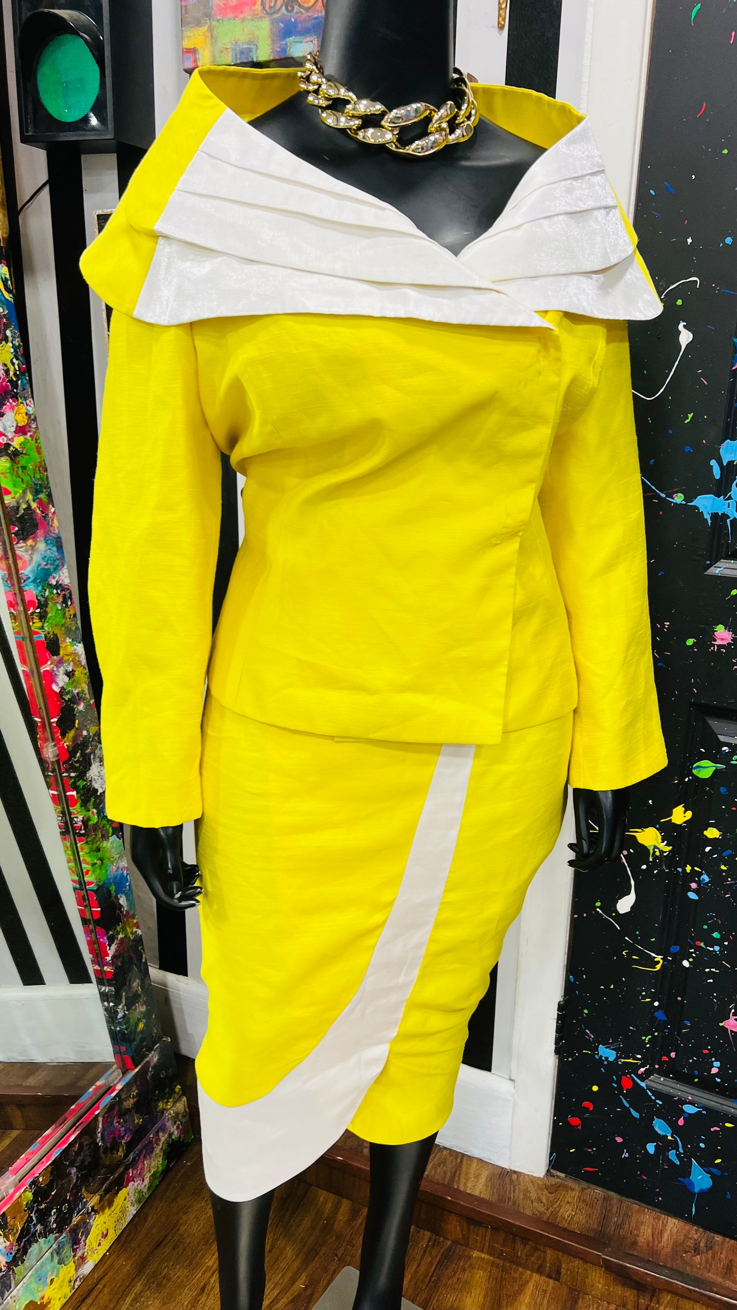 Vintage Yellow & White Skirt Suit (22W)