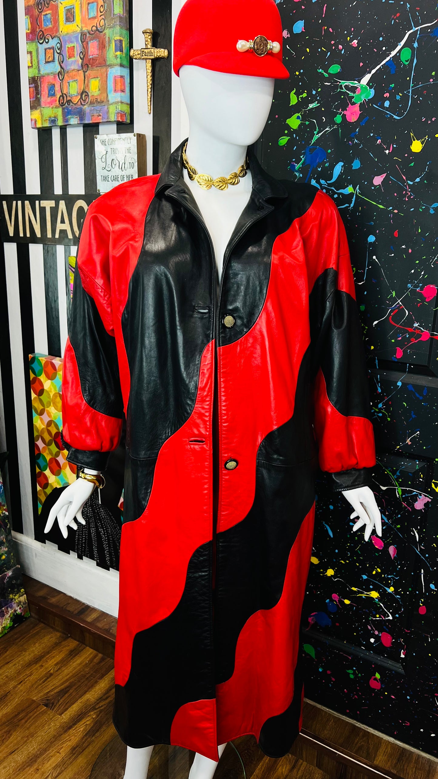 Vintage Genuine Leather Red & Black Trench Coat (16)