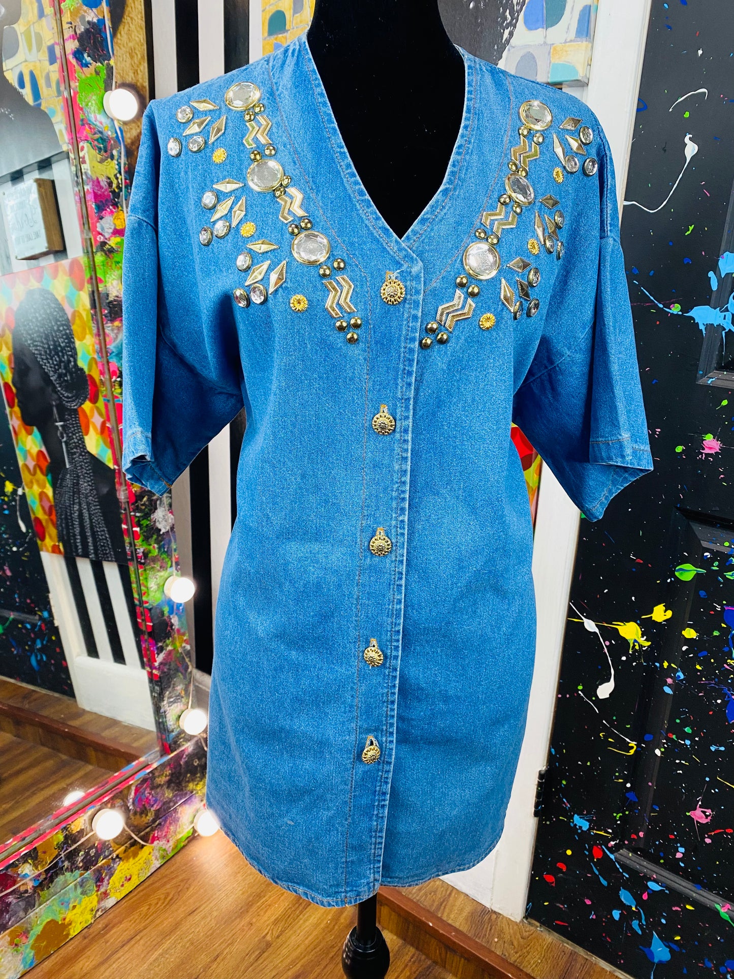 Vintage Denim Studded Short Sleeve Blouse