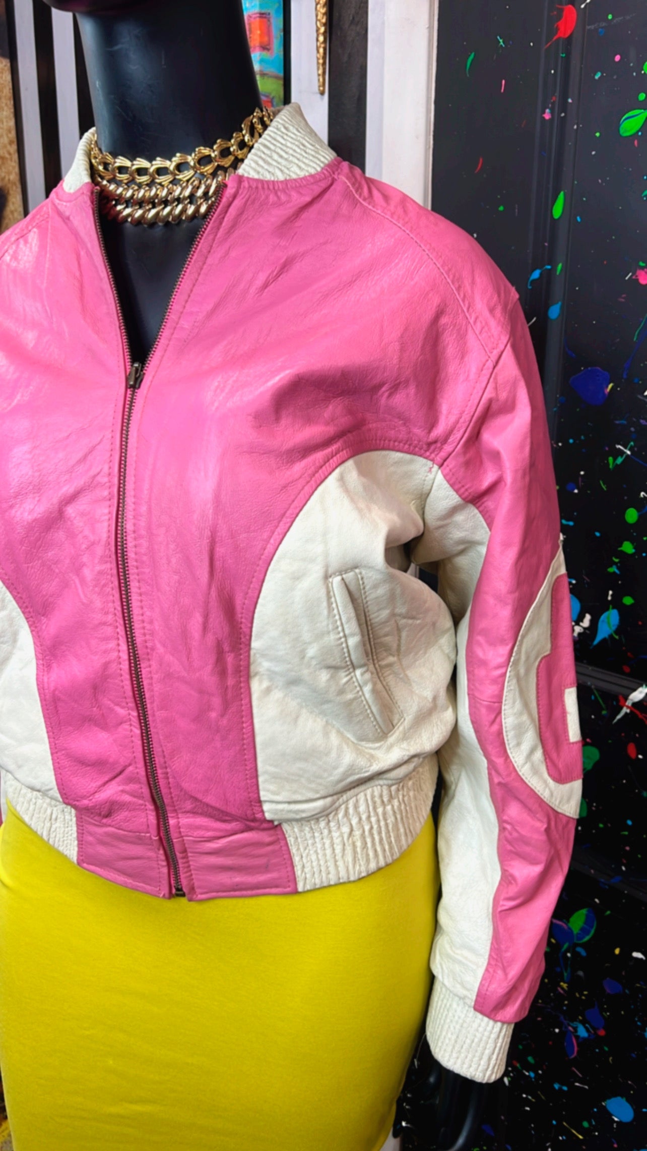 Vintage Genuine Leather Pink & Off White 8 Ball Jacket - 14/16