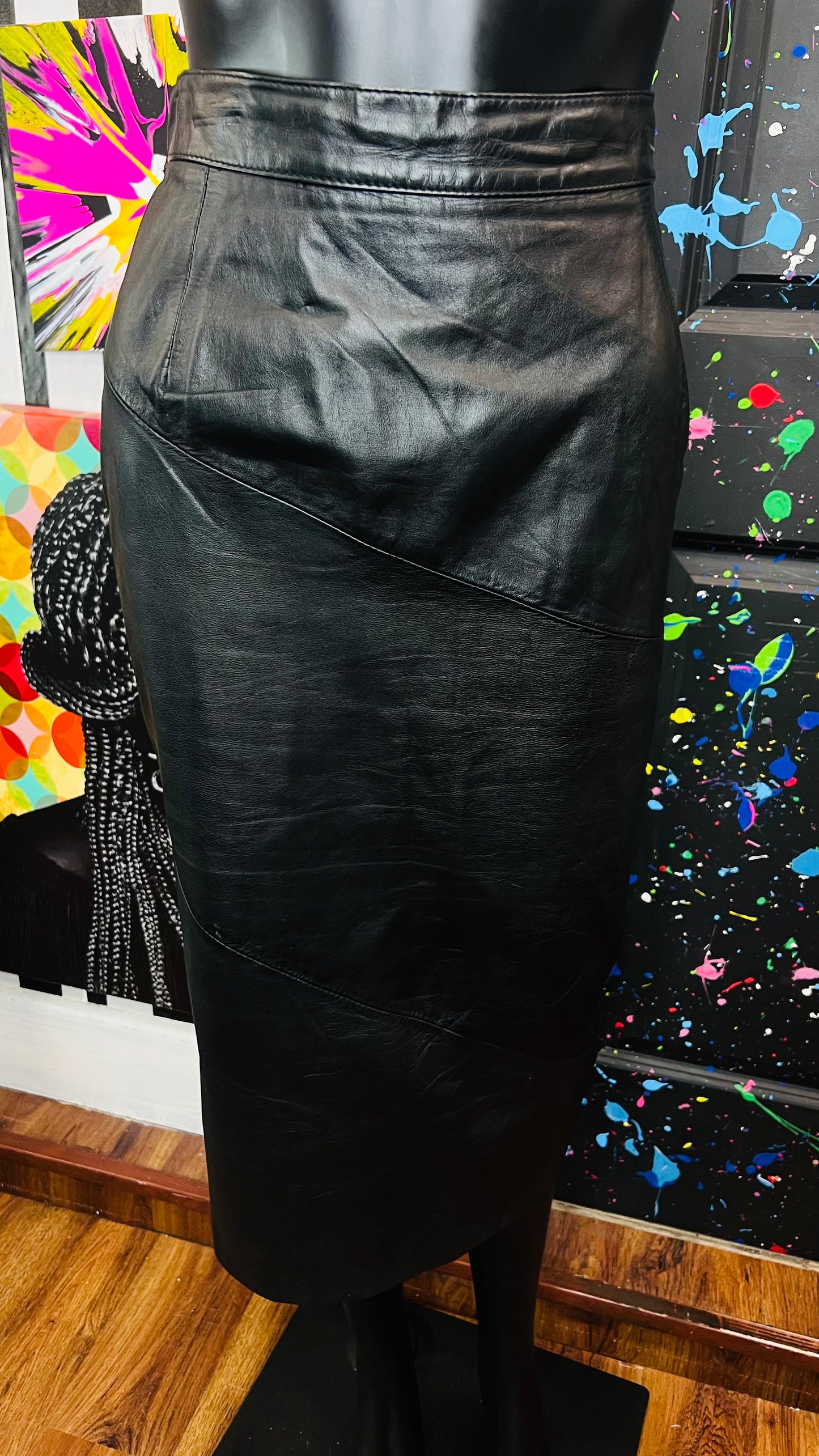 Vintage Black Genuine Leather Skirt (12/14)